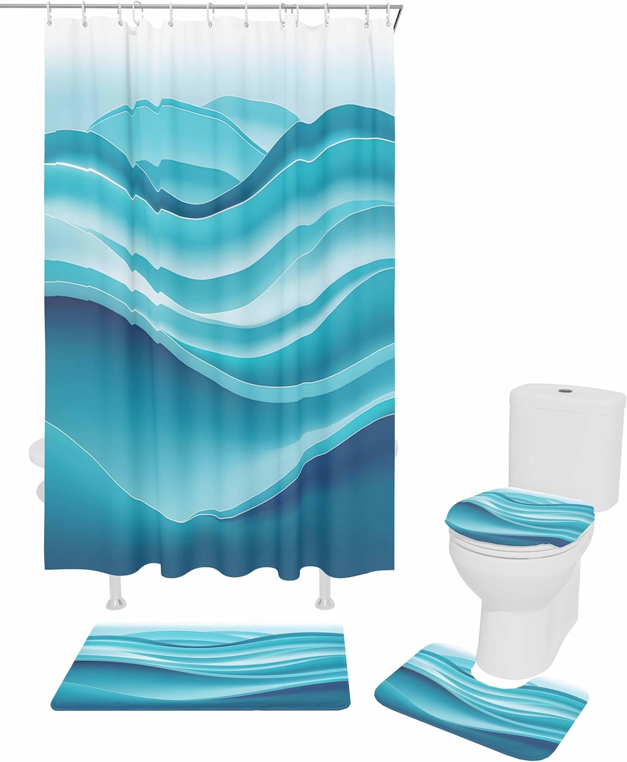 Turquoise Bathroom Set with Curtain Rug and Hooks