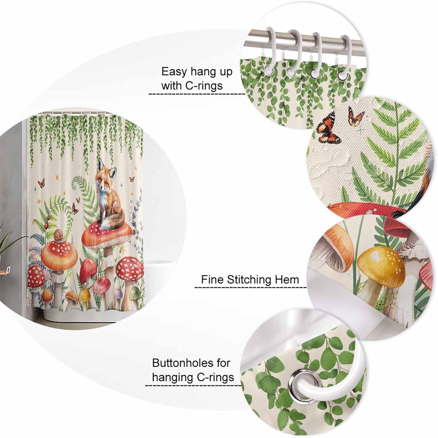 Mushroom Fox Bathroom Set - 36x72 Inches Retro Design