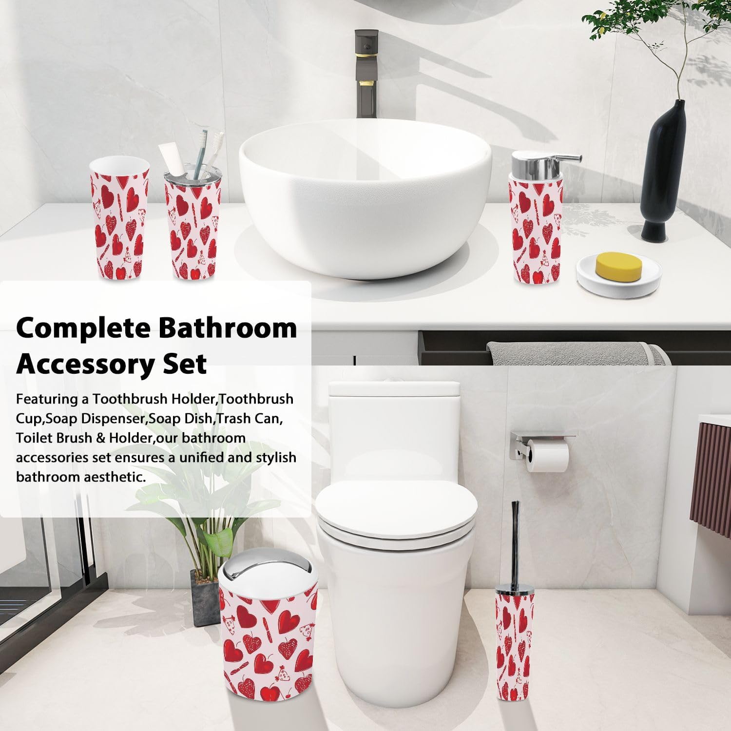 TRANQDEHOM 6 Piece Boho Valentine Bathroom Accessory Set