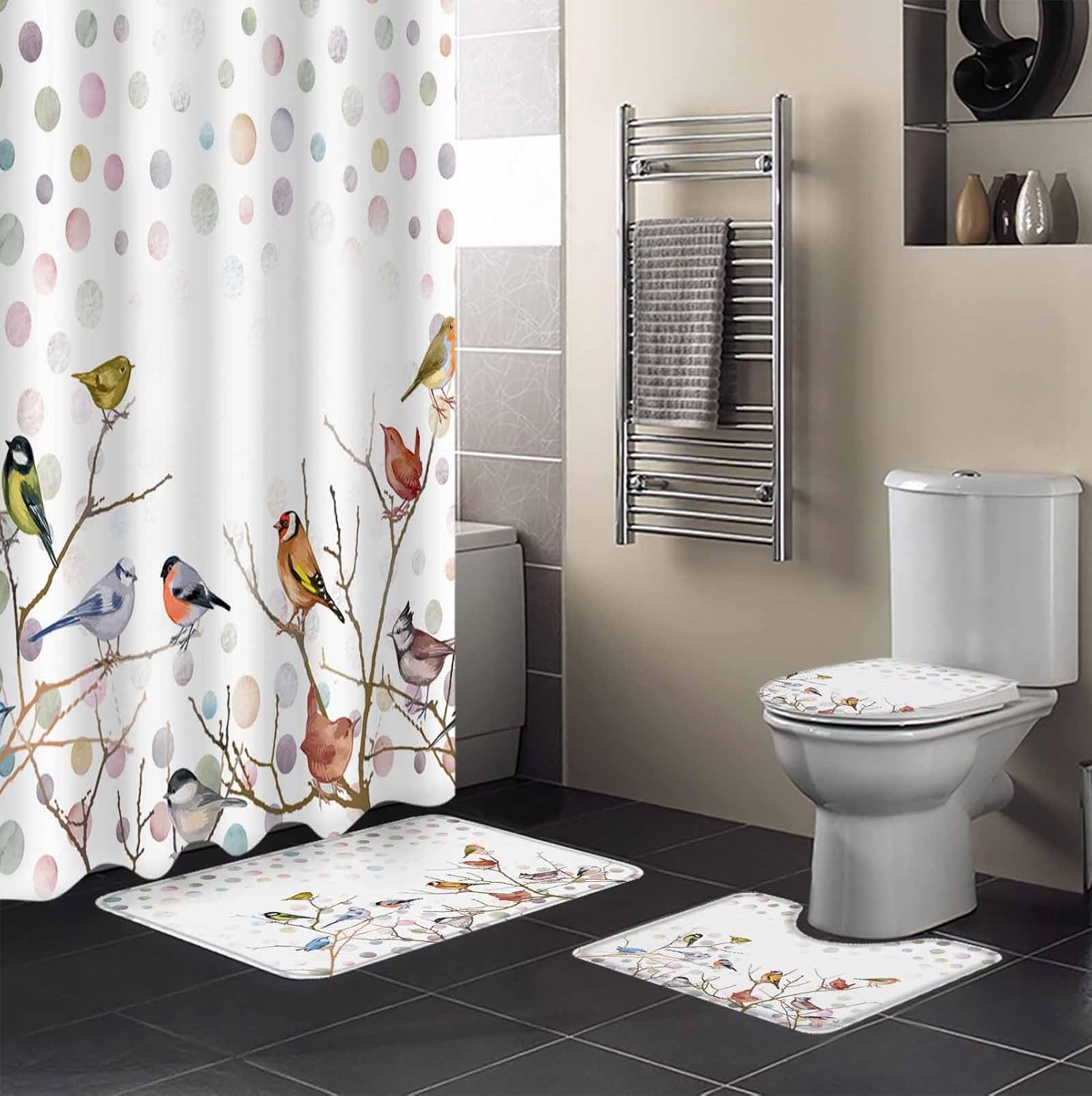 ZOE GARDEN Brids White Bathroom Set with Rug and Accessories