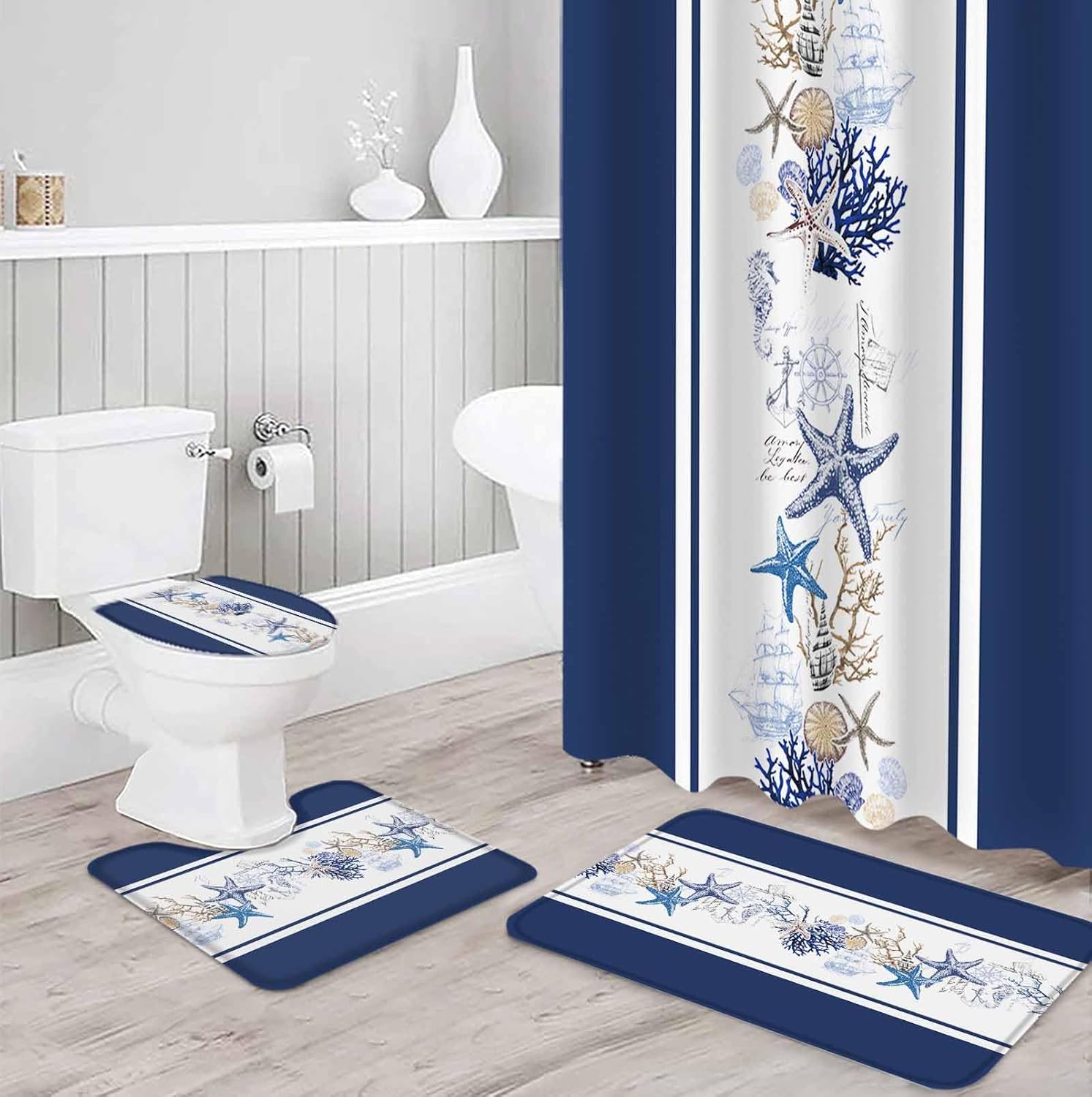 ZOE GARDEN Coastal Navy Bathroom Set with Rug and Accessories