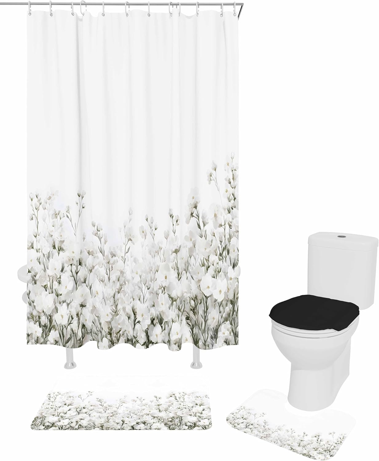 ZOE GARDEN White Floral Bath Set with Curtain Rug and Accessories