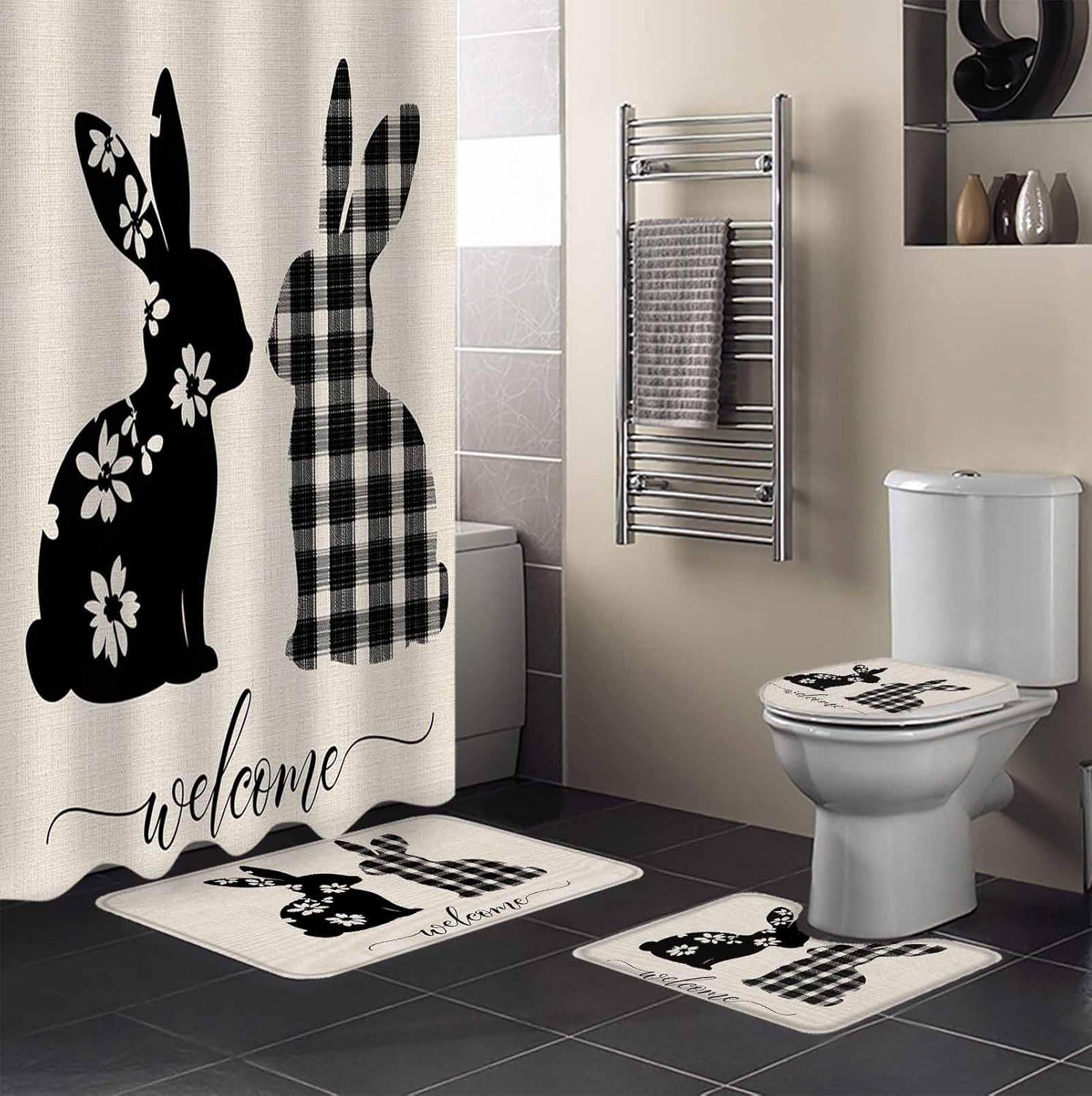 ZOE GARDEN Flowers Rabbit Bathroom Set with Shower Curtain and Rug