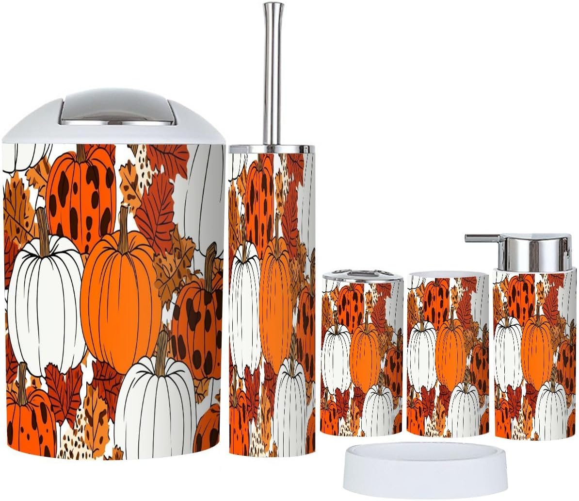 Bathroom Accessory Set 6 Pieces Boho Leopard Orange Pattern