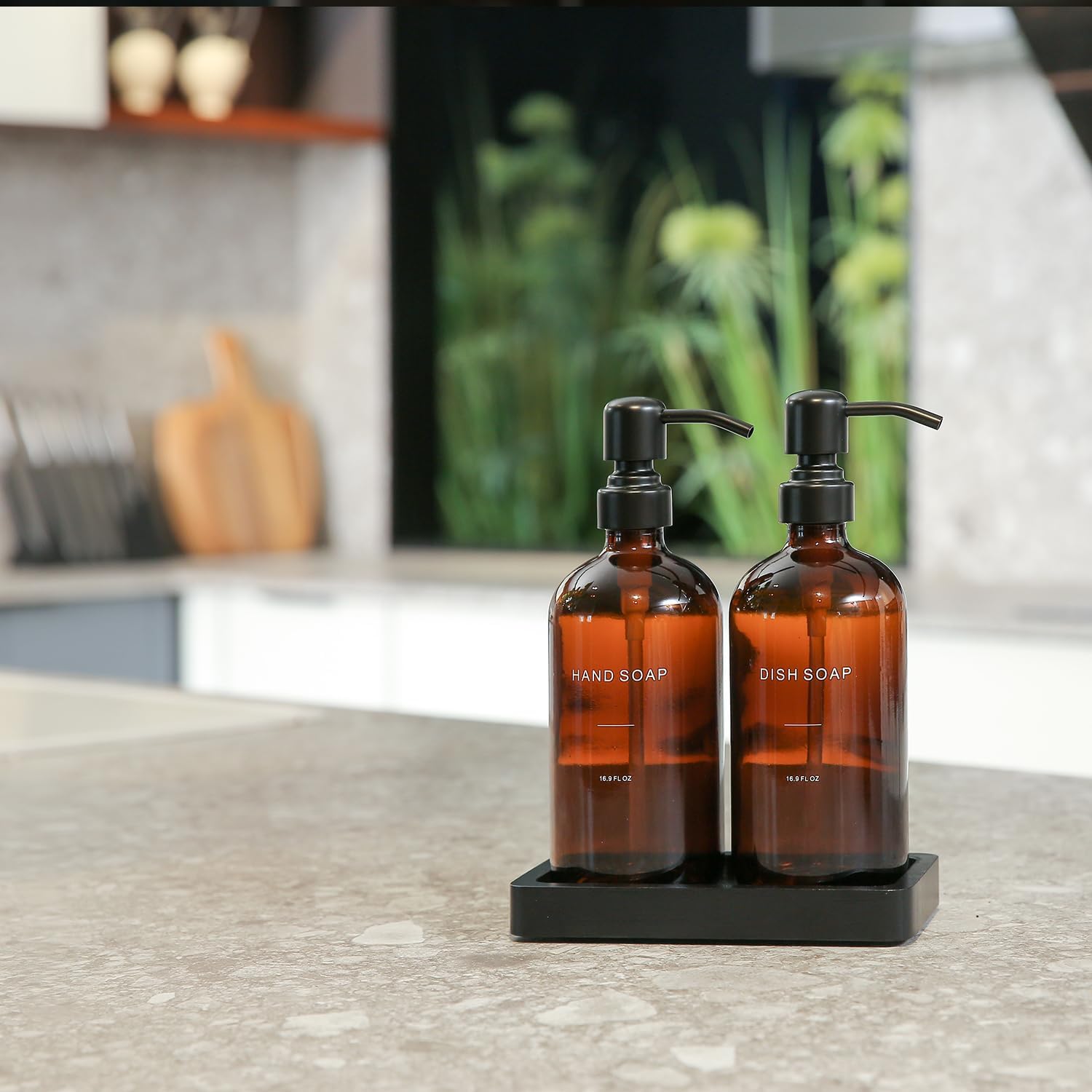 Amber Glass Soap Dispenser Set with Metal Pump
