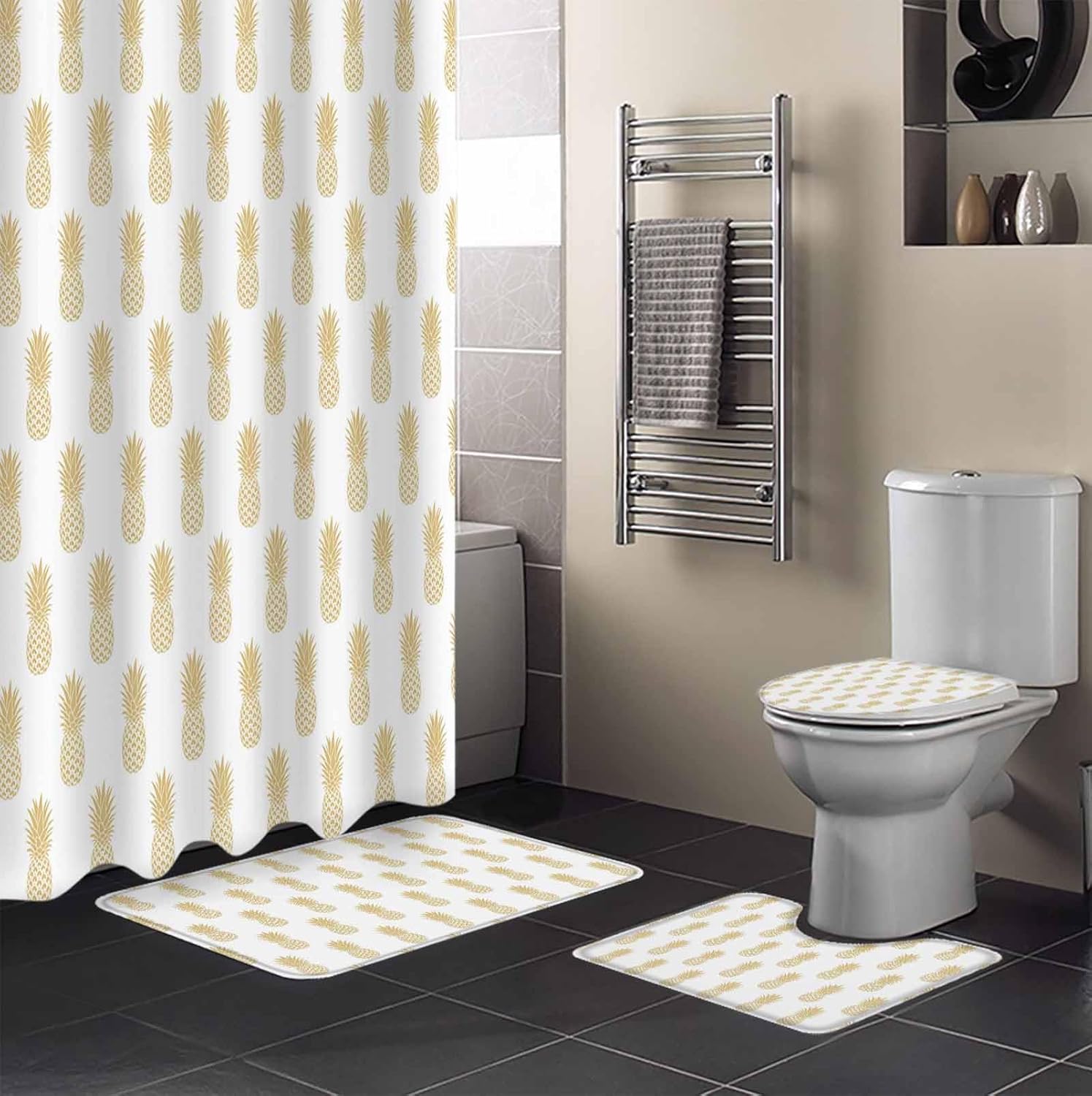 Yellow Pineapple Bathroom Set with Curtain Rug and Accessories