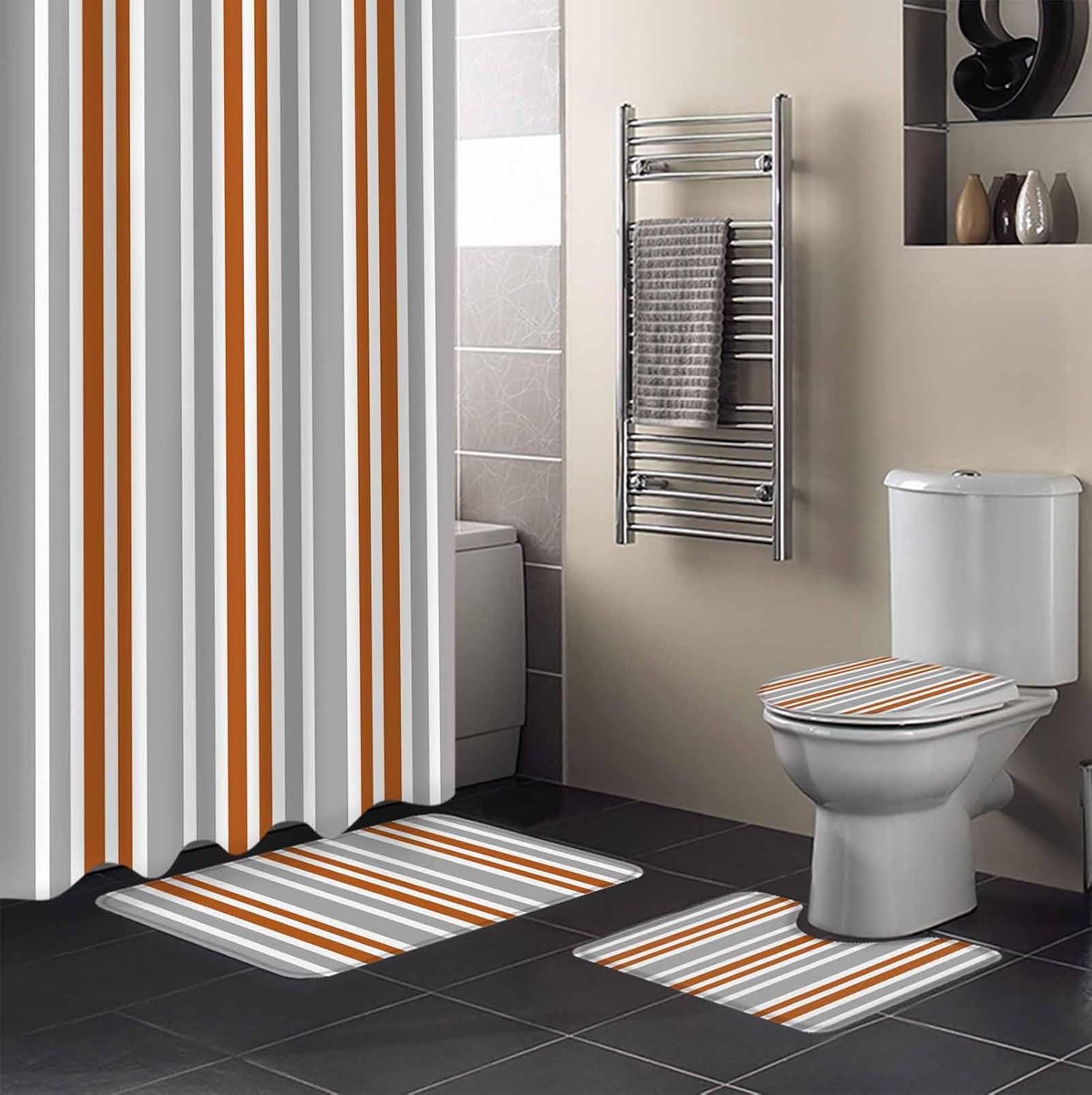 ZOE GARDEN Orange Striped Bathroom Set with Curtain and Rug