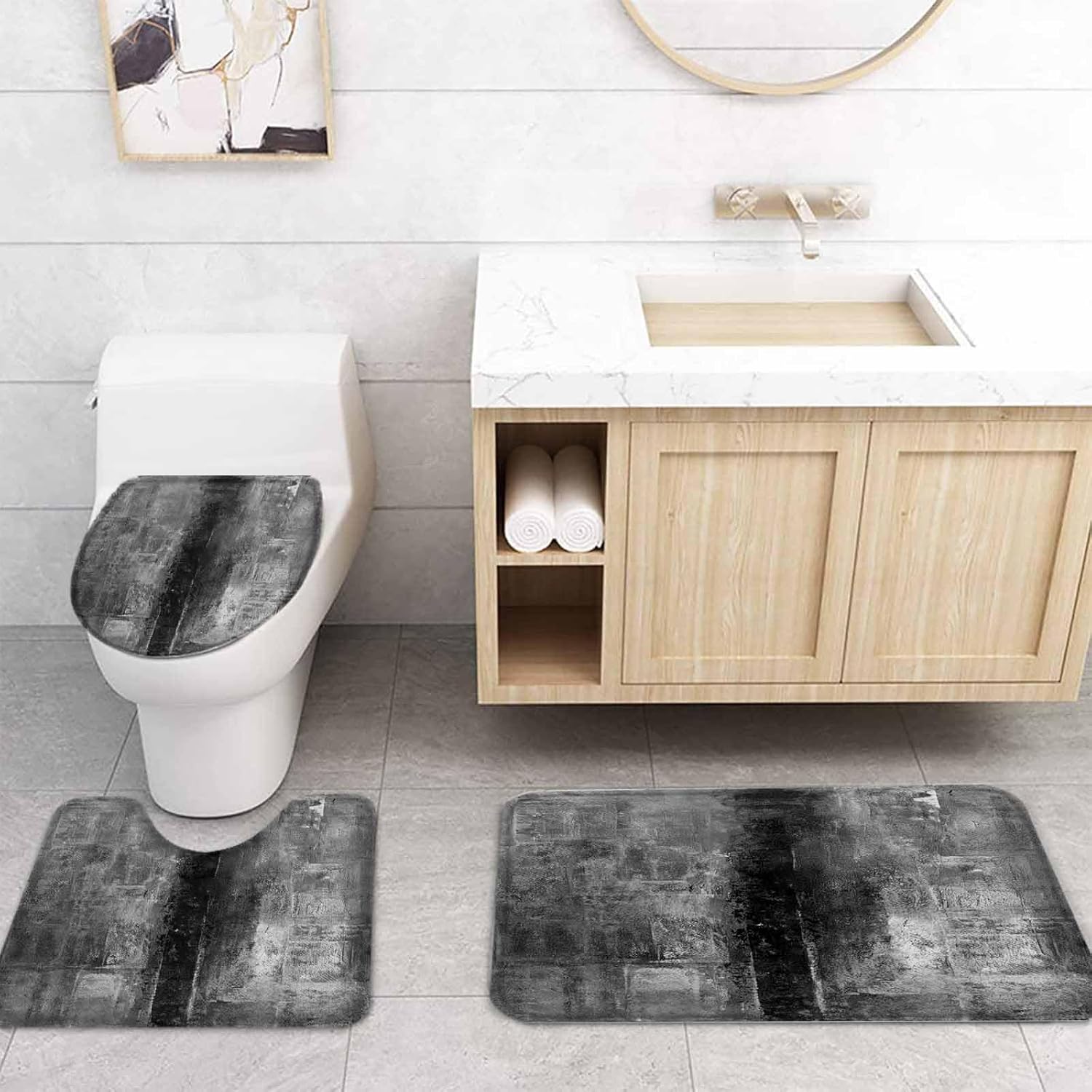 ZOE GARDEN Retro Grey Bathroom Set with Shower Curtain and Rug