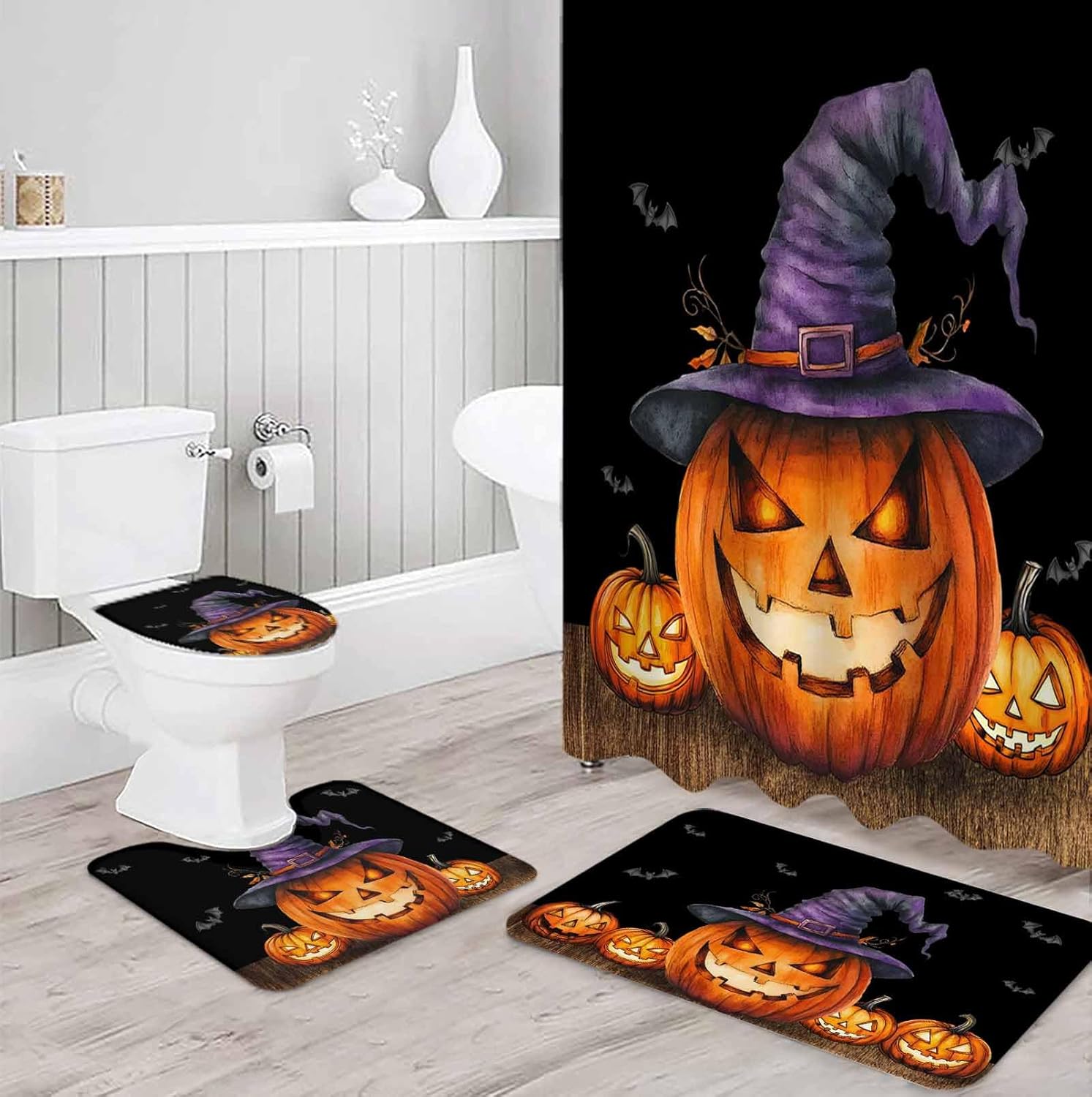 ZOE GARDEN Halloween Bathroom Set with Curtain Rug and Hooks
