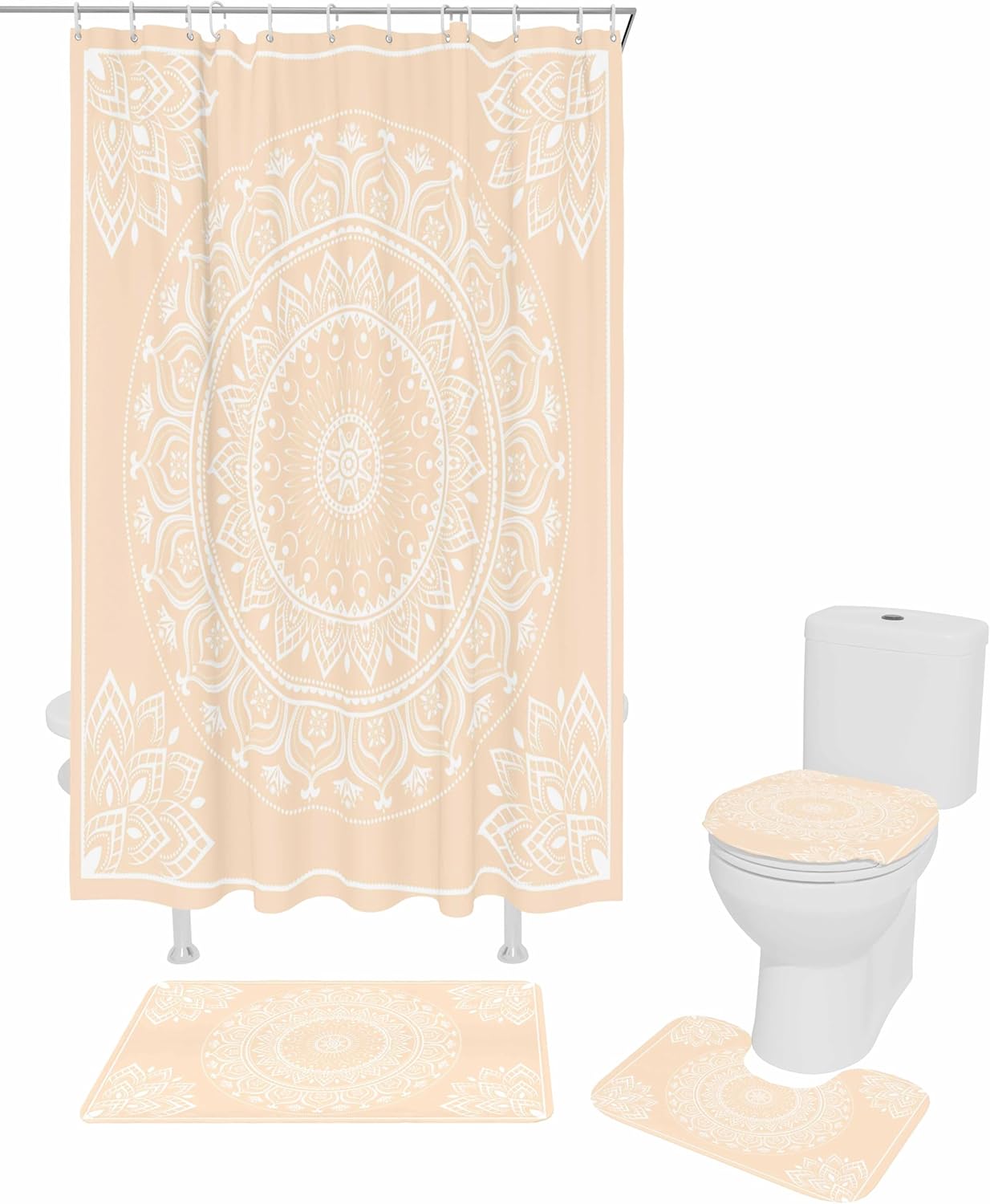 Cream Boho Bathroom Set with Shower Curtain Rug and Accessories