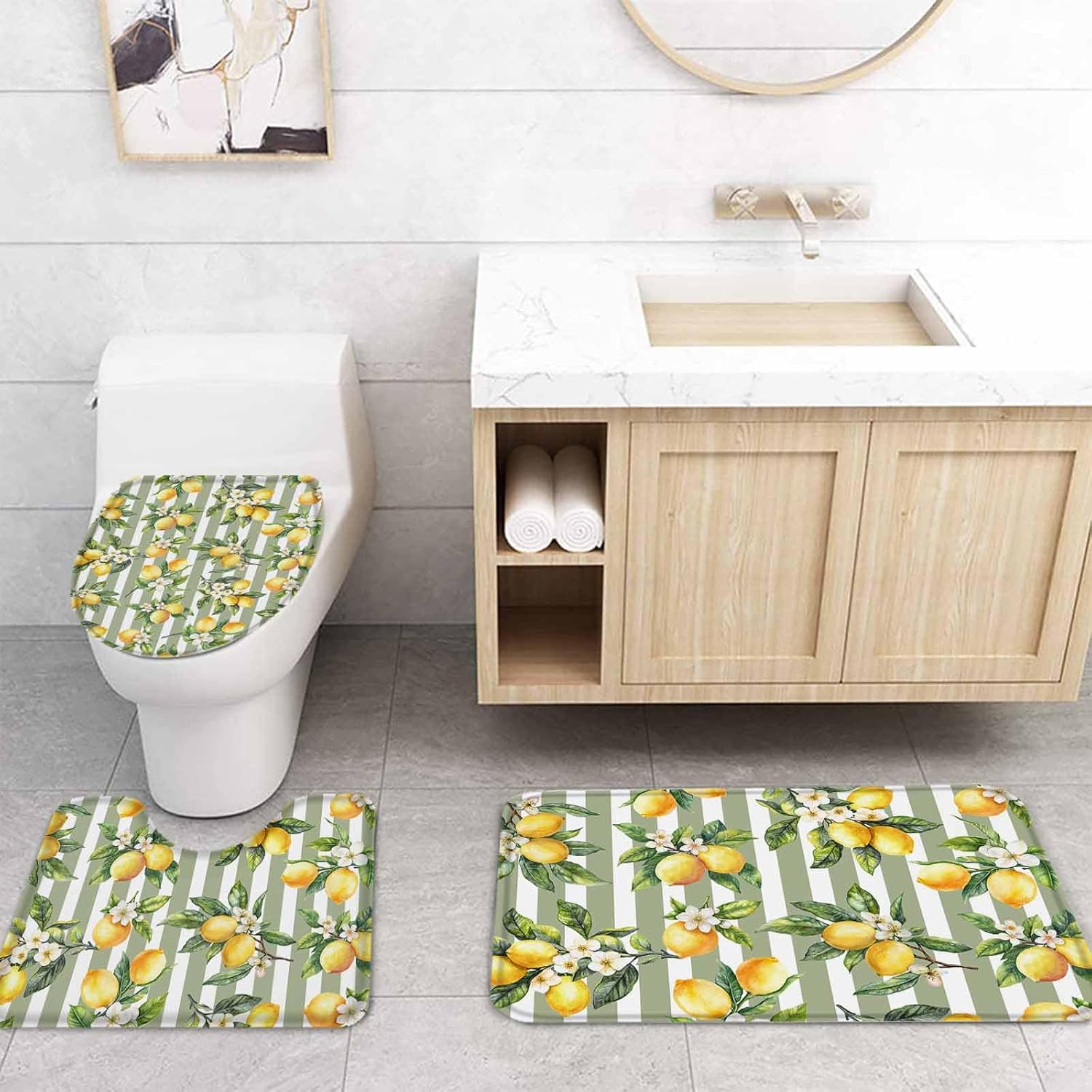 ZOE GARDEN Lemon Strope Bathroom Set with Curtain Rug and Accessories 1