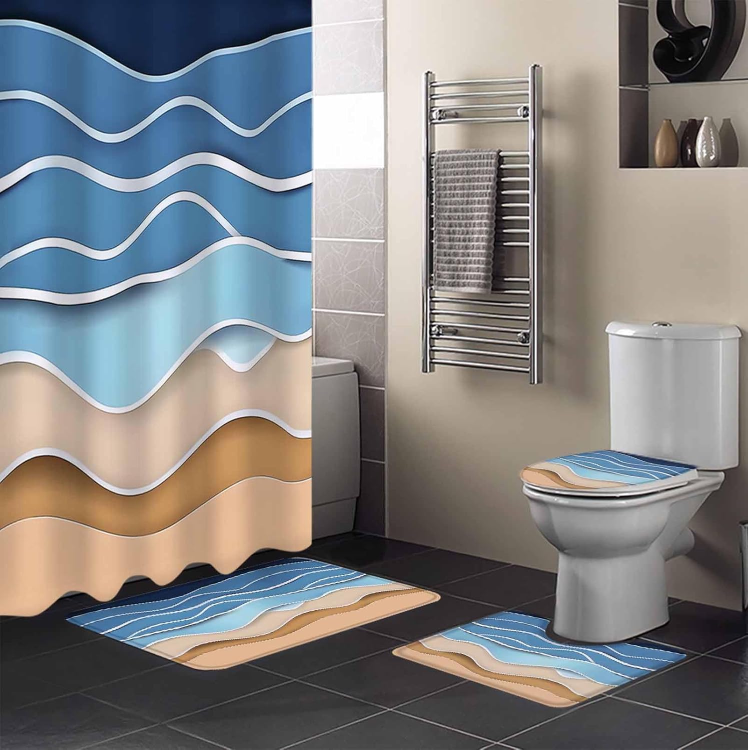 Coastal Blue Bathroom Set with Rug and Curtain