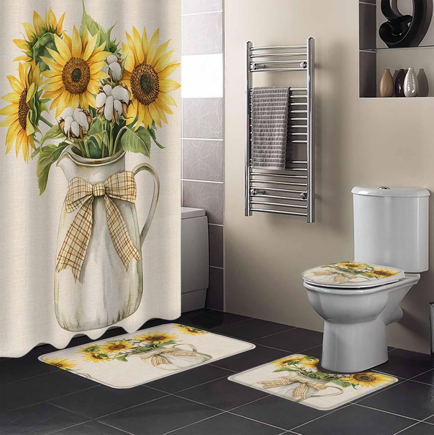 ZOE GARDEN Sunflower Bath Set - Waterproof Curtain Rug Accessories