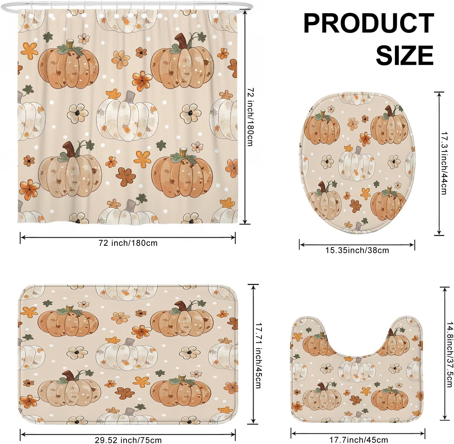 4PCS Fall Dot Pumpkin Bathroom Accessory Set with Non-Slip Rug