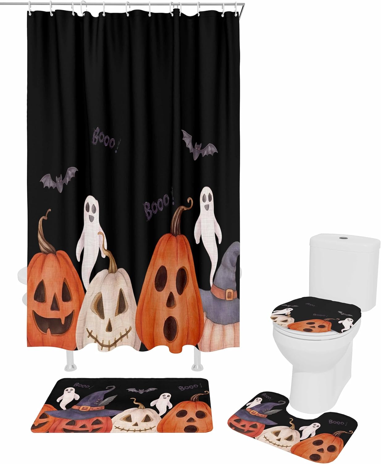 ZOE GARDEN Halloween Black Bath Set with Curtain Rug and Hooks