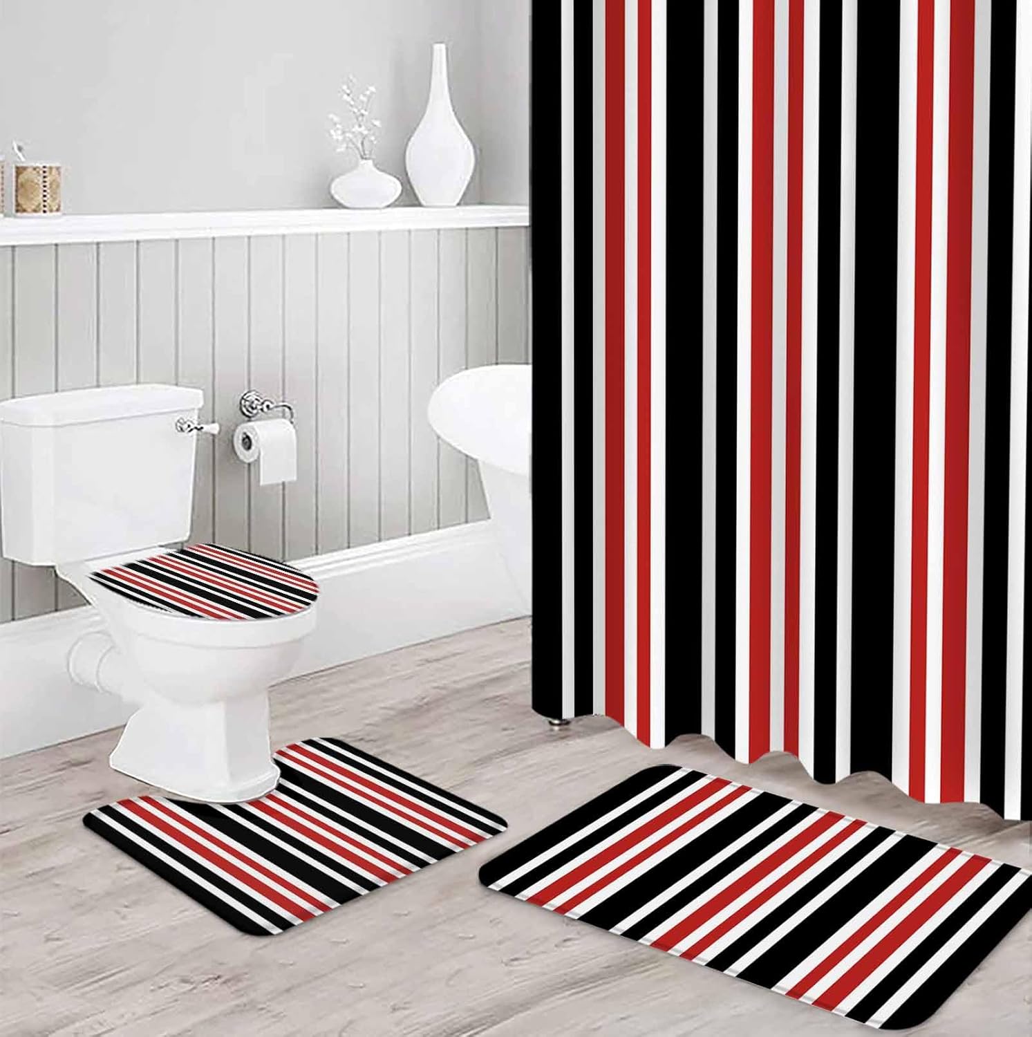ZOE GARDEN Red Black Striped Bath Set with Curtain Rug Hooks