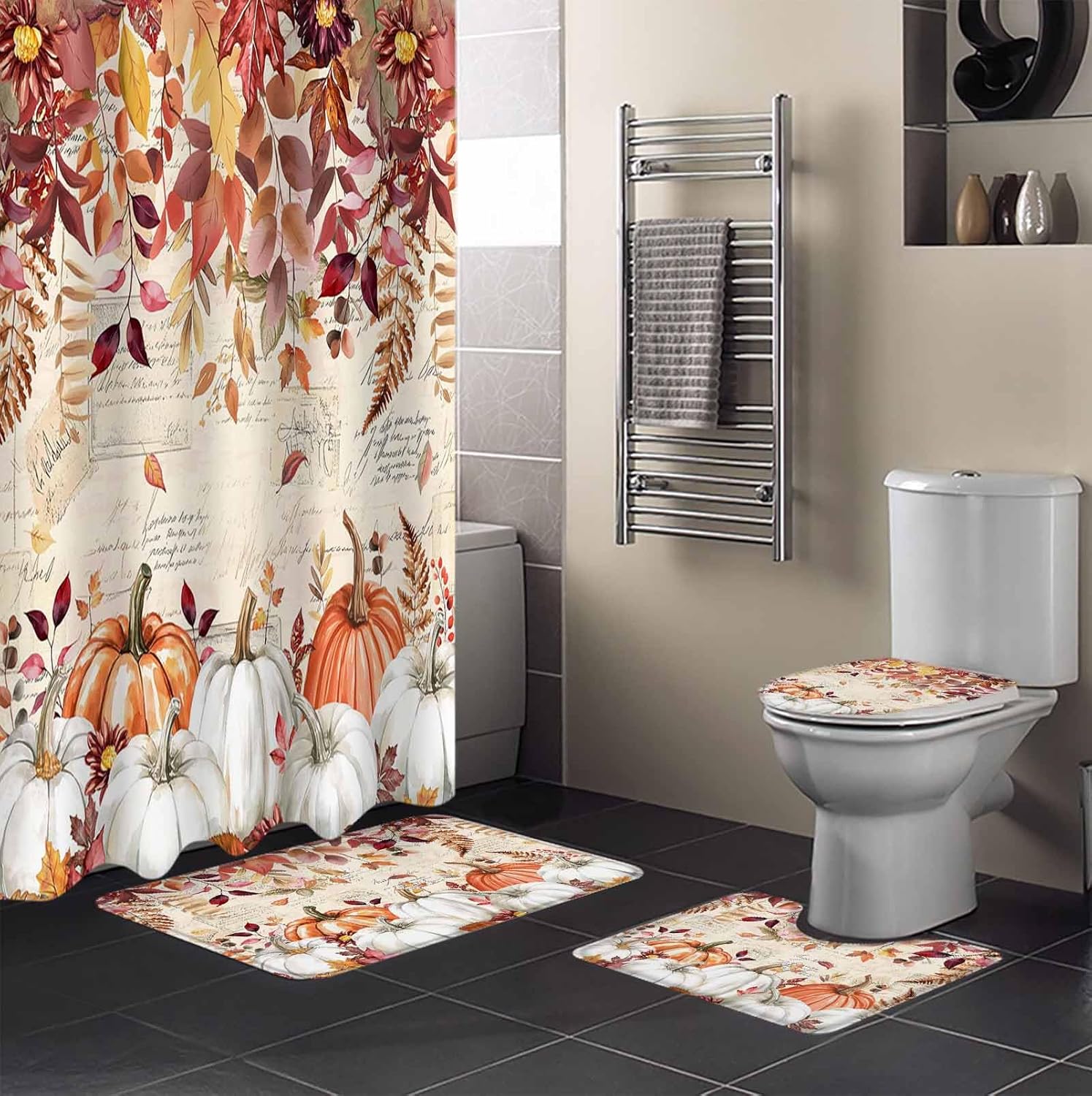 Thanksgiving Fall Bathroom Set with Shower Curtain Rug and Accessories