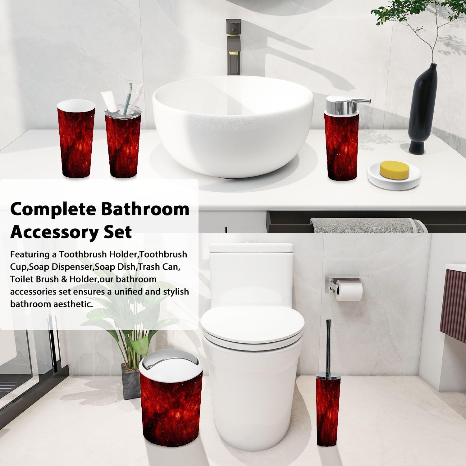 Boho Dark Red Bathroom Accessory Set 6 Piece 1