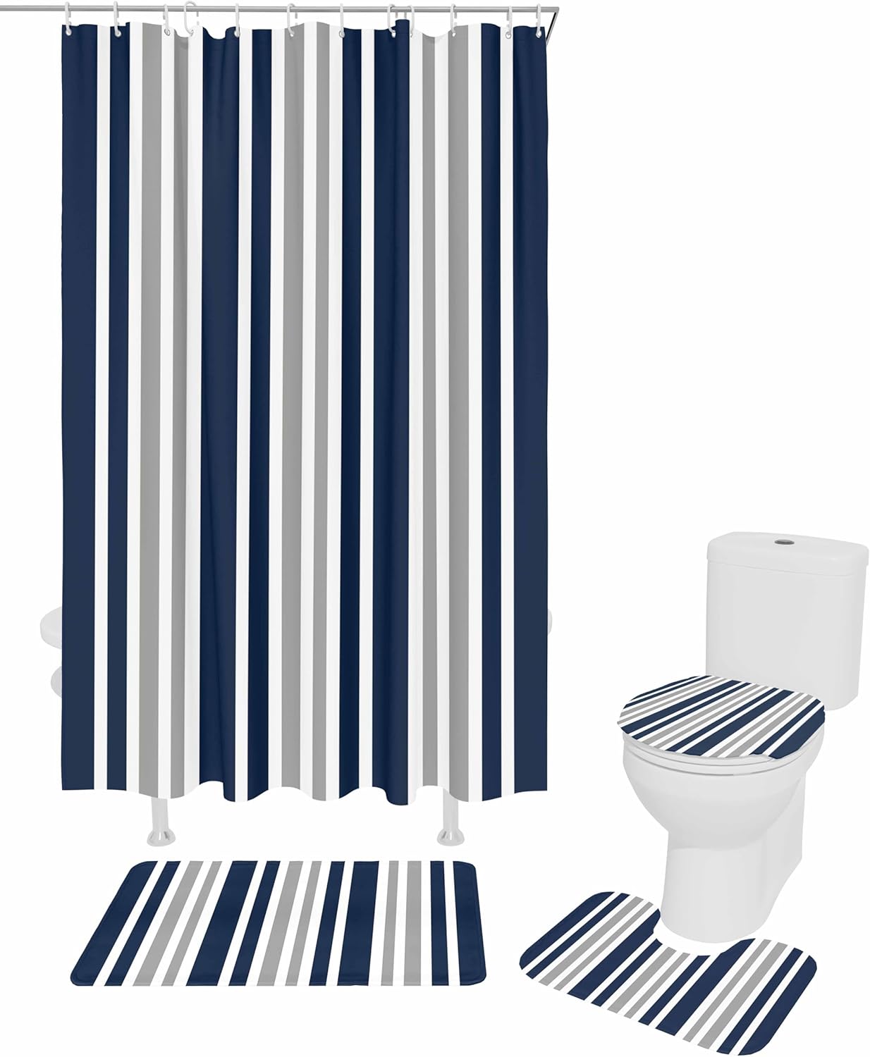 Navy Blue Grey Bathroom Set with Curtain Rug and Accessories 1