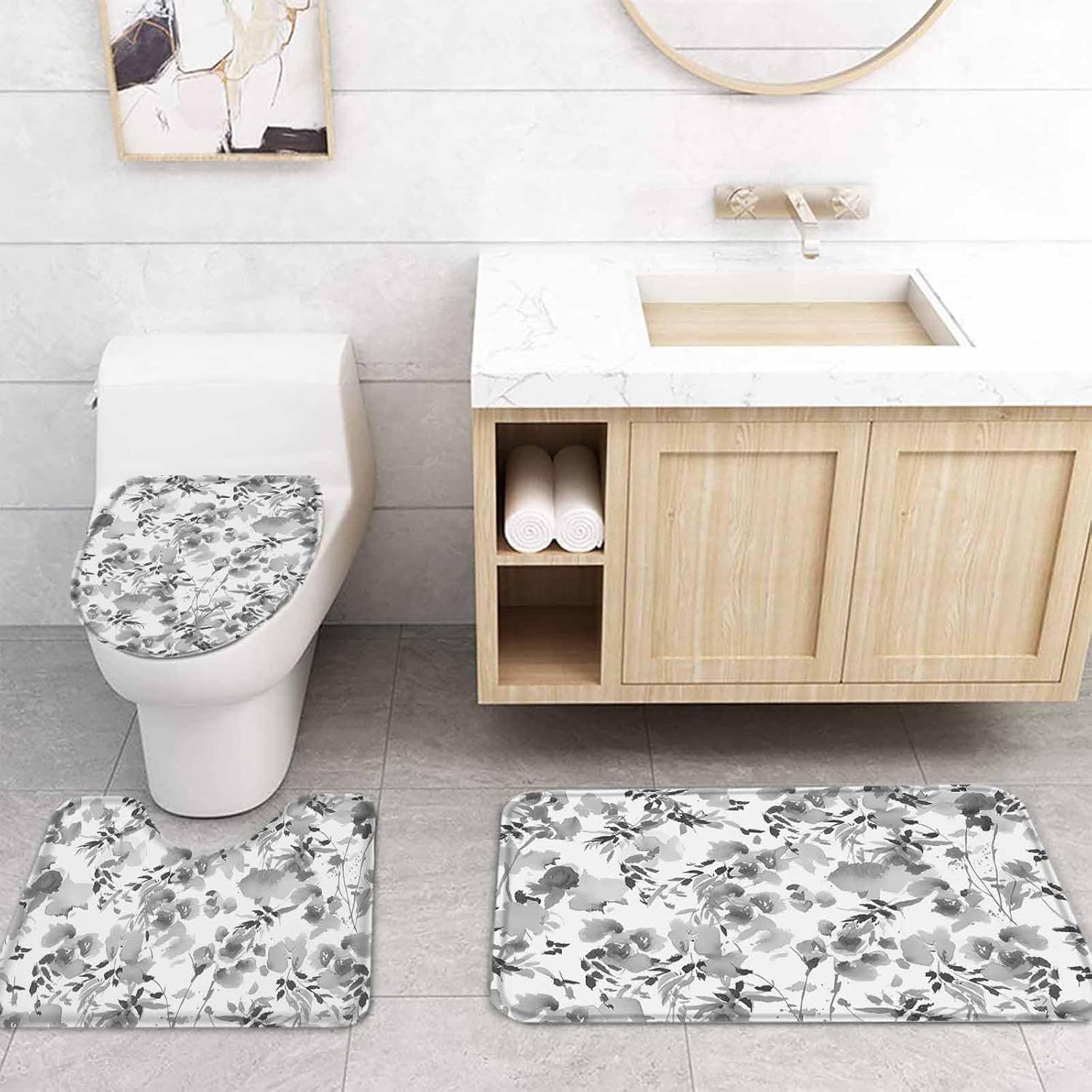 Gray Flower Bathroom Set with Curtain Rug and Hooks