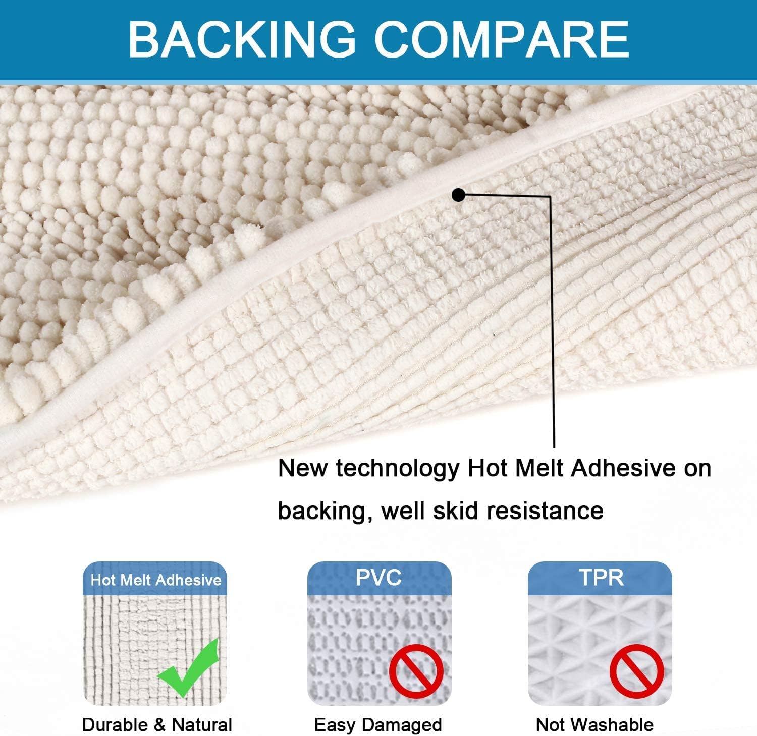 HVERSAILTEX Ivory Chenille Bath Rug 17x24 Non Slip