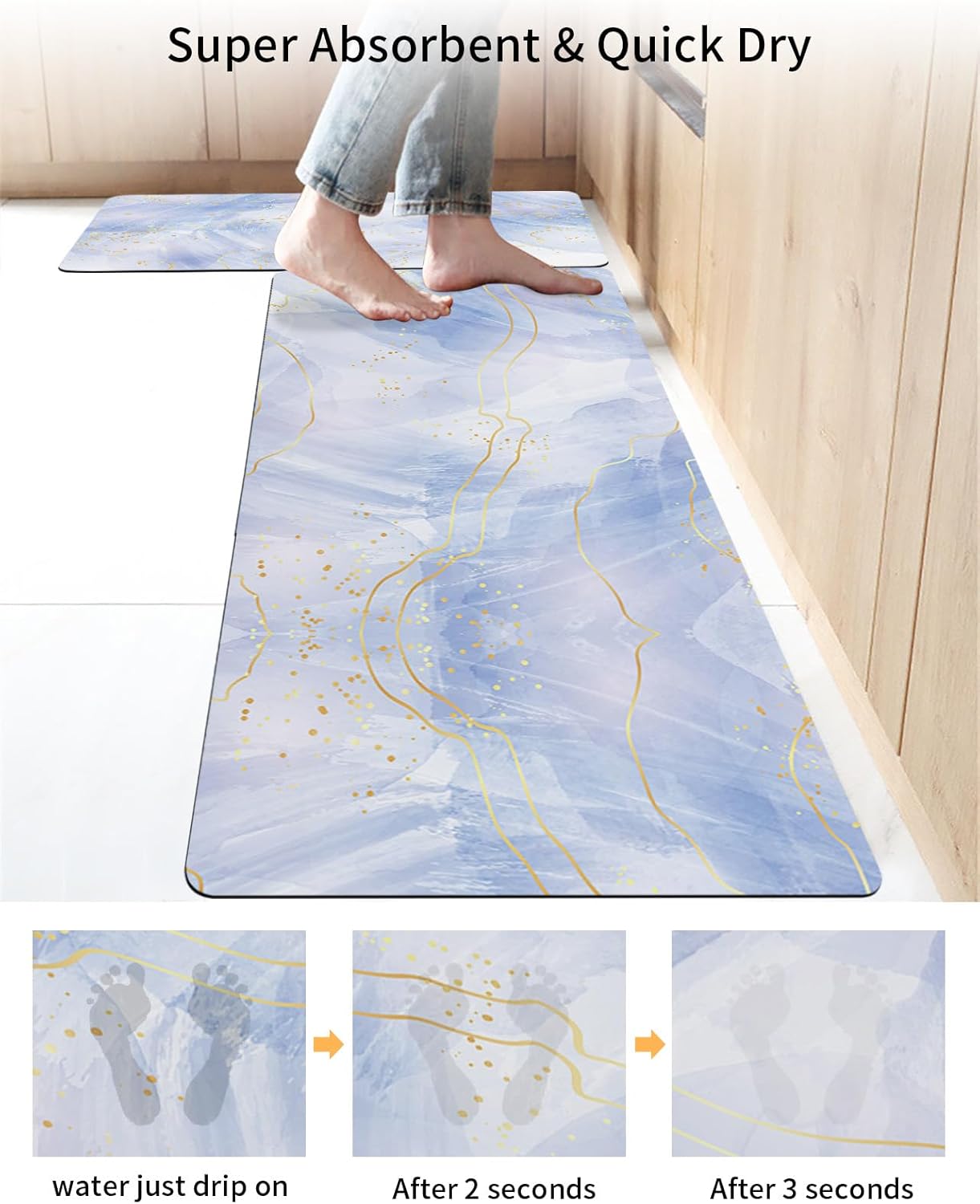 2PCS Non-Slip Diatomite Bath Mats Set with Gold Line Design