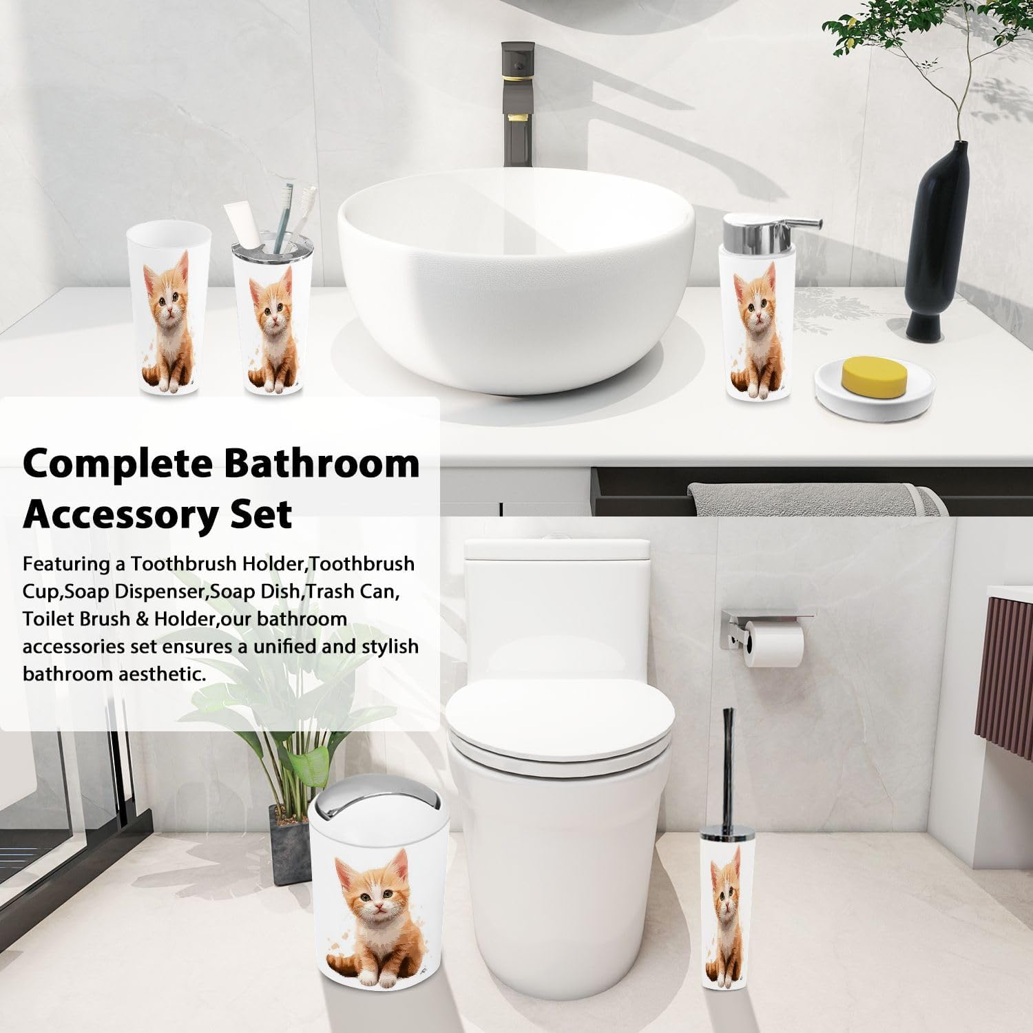 Boho Cute Orange Cat Bathroom Accessories Set of 6