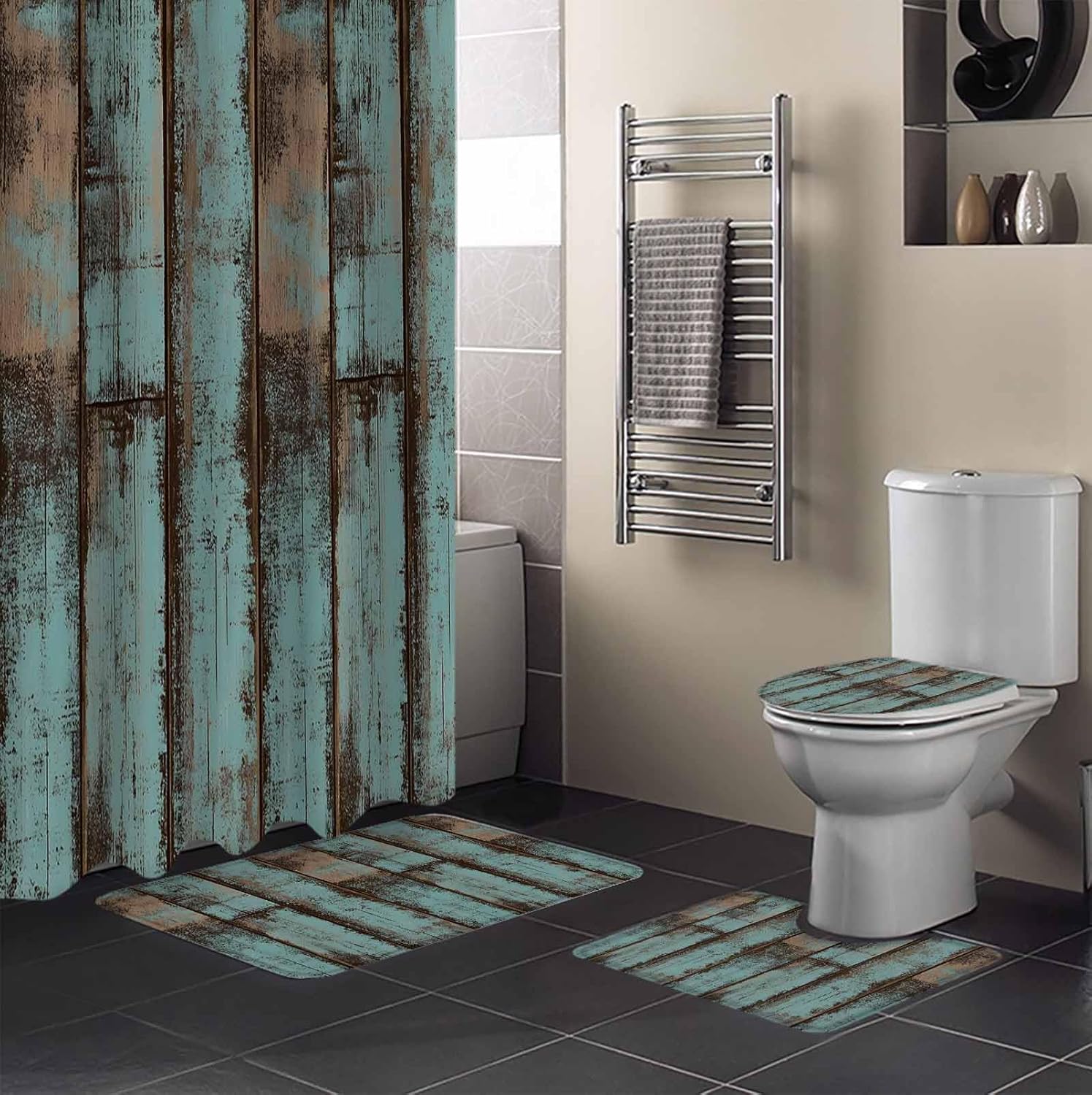 Turquoise Blue Bathroom Set with Rug and Curtain Accessories