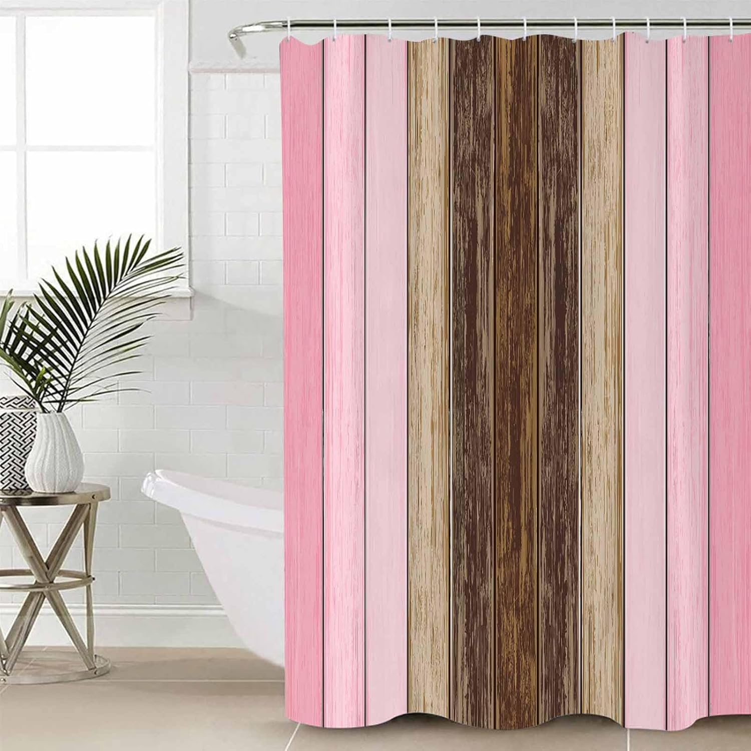 Pink Brown Wood Grain Bathroom Set with Shower Curtain Rug and Accessories