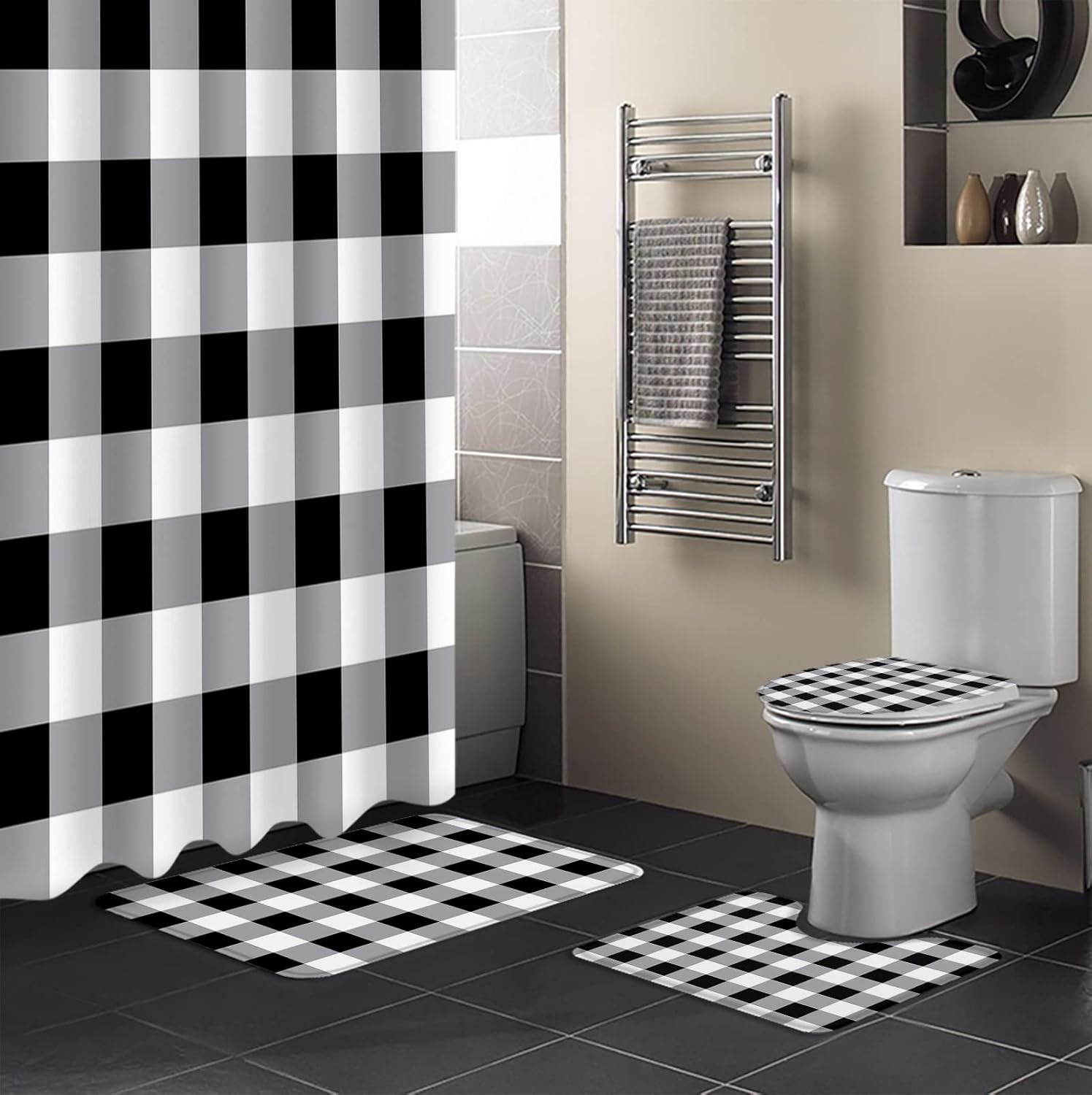 ZOE GARDEN Black and White Buffalo Plaid Bathroom Set