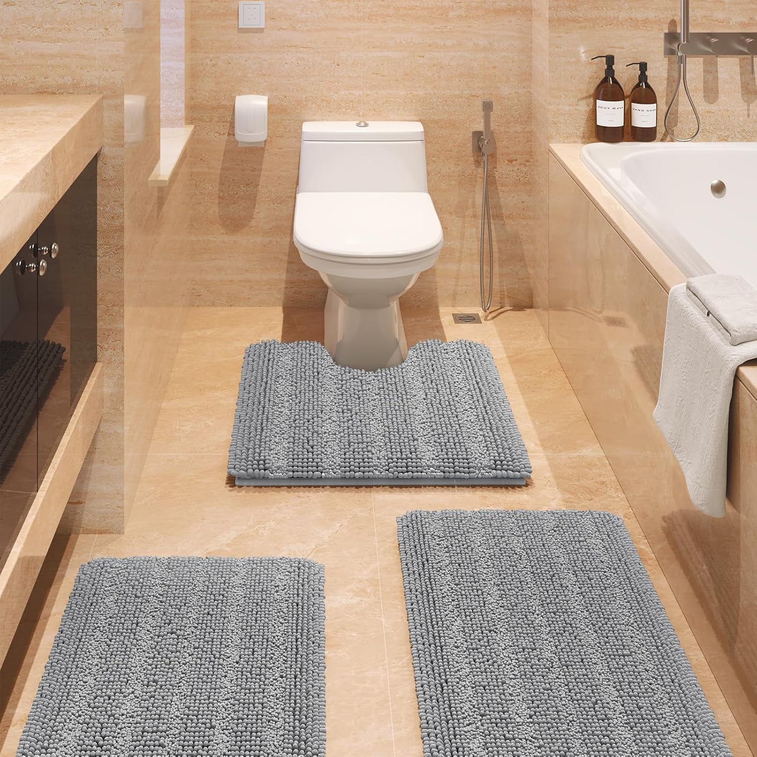 ACCUMTEK 3-Piece Striped Light Grey Bathroom Rug Set