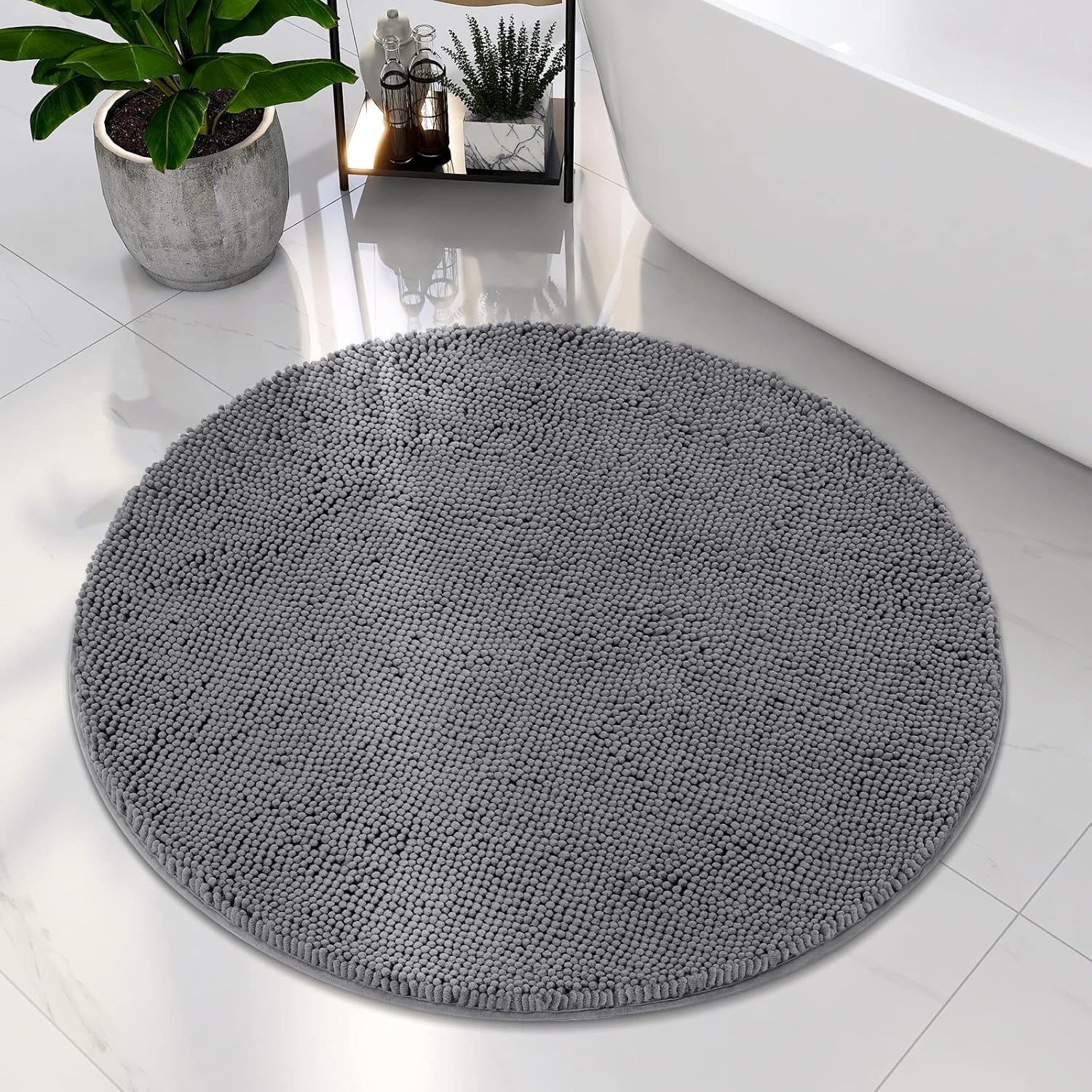 HOMEIDEAS Round Bath Rug - Non Slip Chenille Shaggy Mat Grey 3 Ft