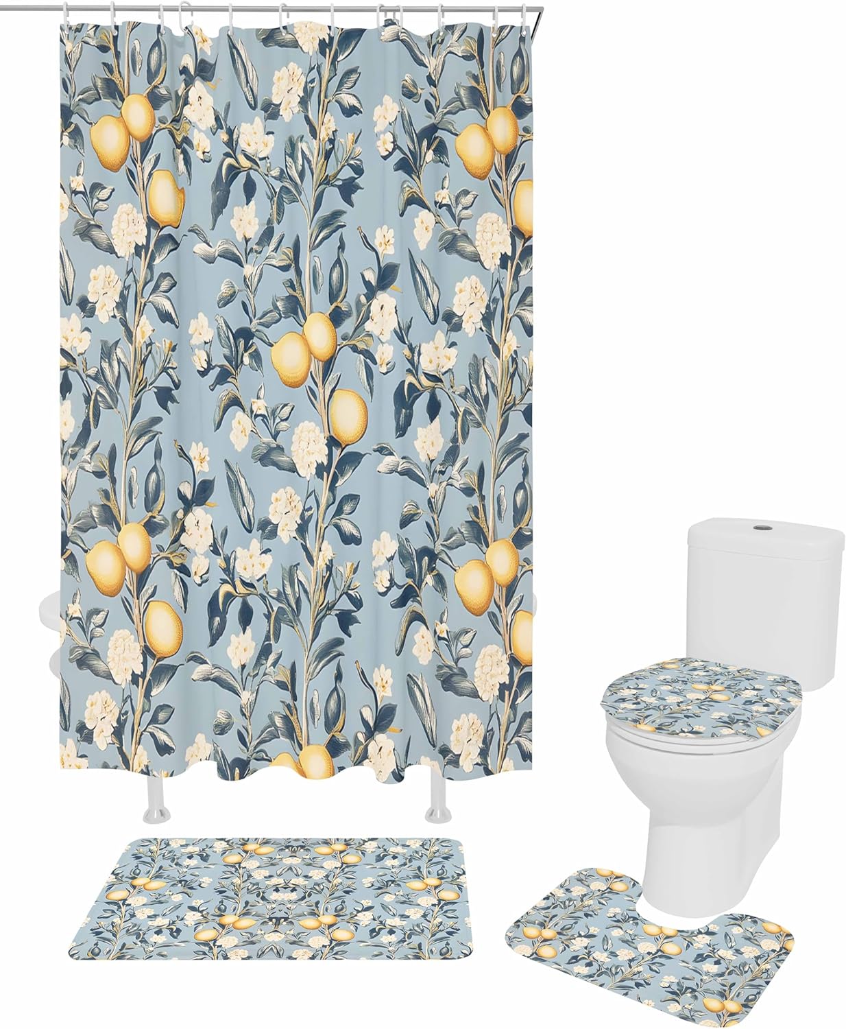 ZOE GARDEN Lemon Leaves Bathroom Set with Curtain Rug and Accessories