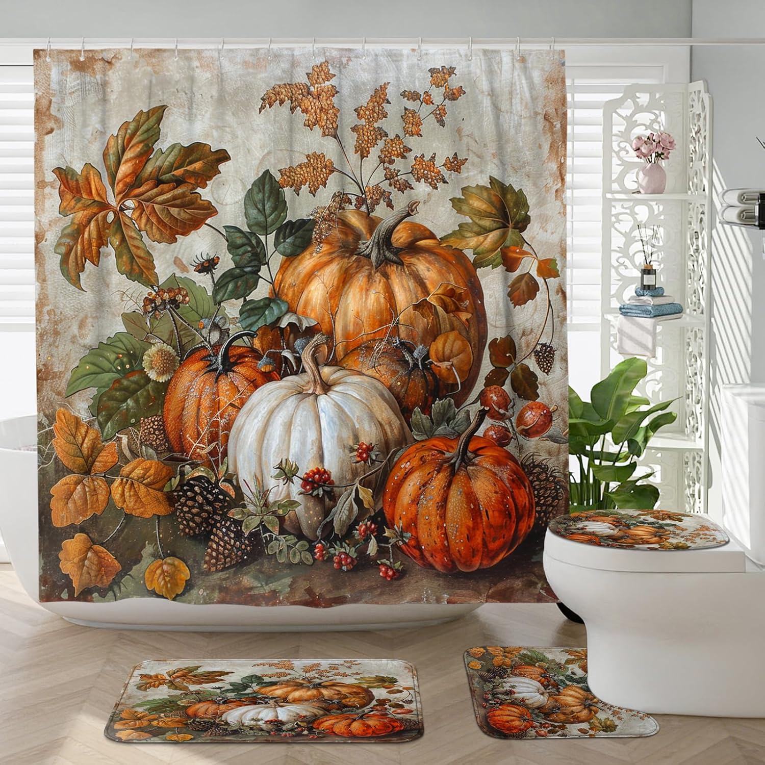 4PCS Fall Art Pumpkin Bathroom Decor Set