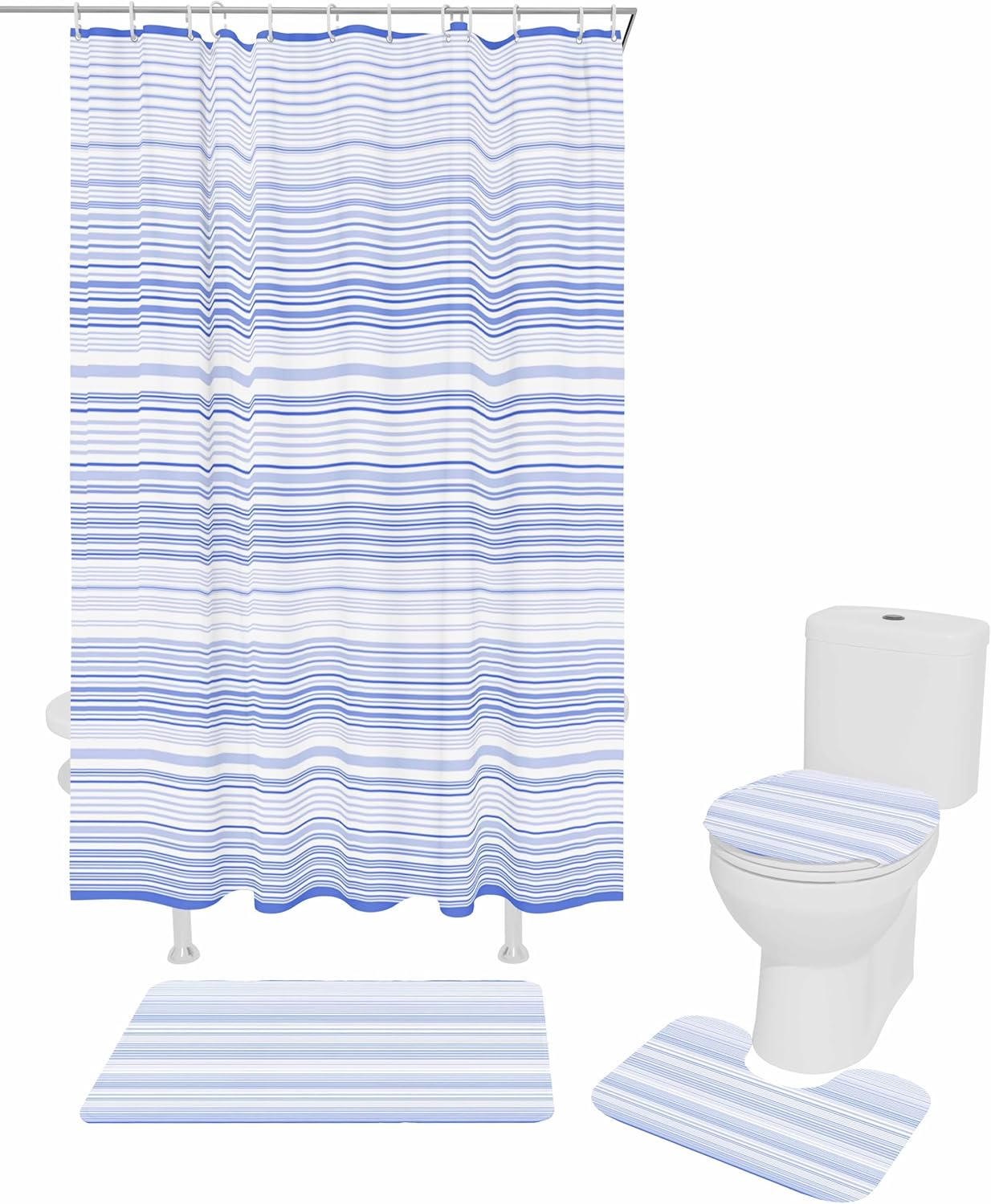 ZOE GARDEN Blue Pinstripe Bathroom Set with Curtain Rug and 12 Hooks