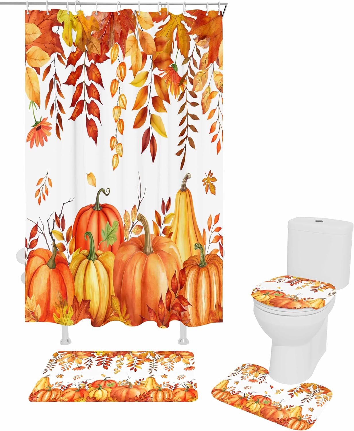 ZOE GARDEN Autumn Pumpkin Bath Set with Curtain Rug and Hooks