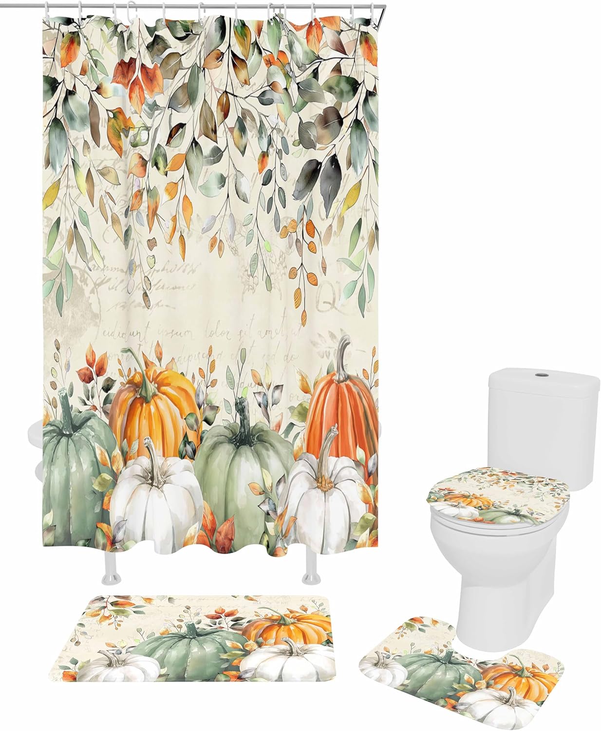 Thanksgiving Bathroom Set with Curtain Rug and Hooks