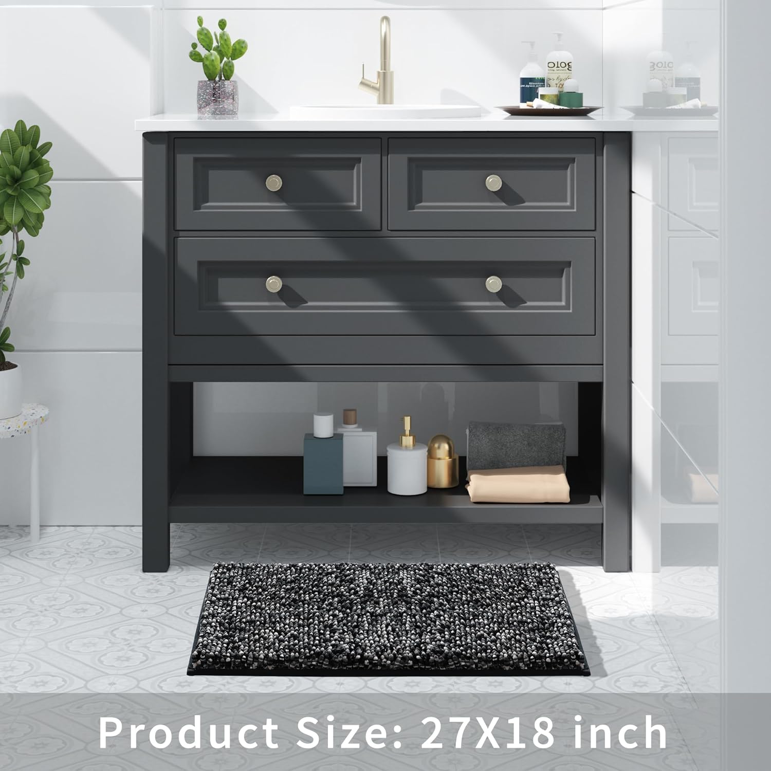 Yimobra Non-Slip Bath Mat 28x175 Plush Chenille Rugs Black Dark Gray