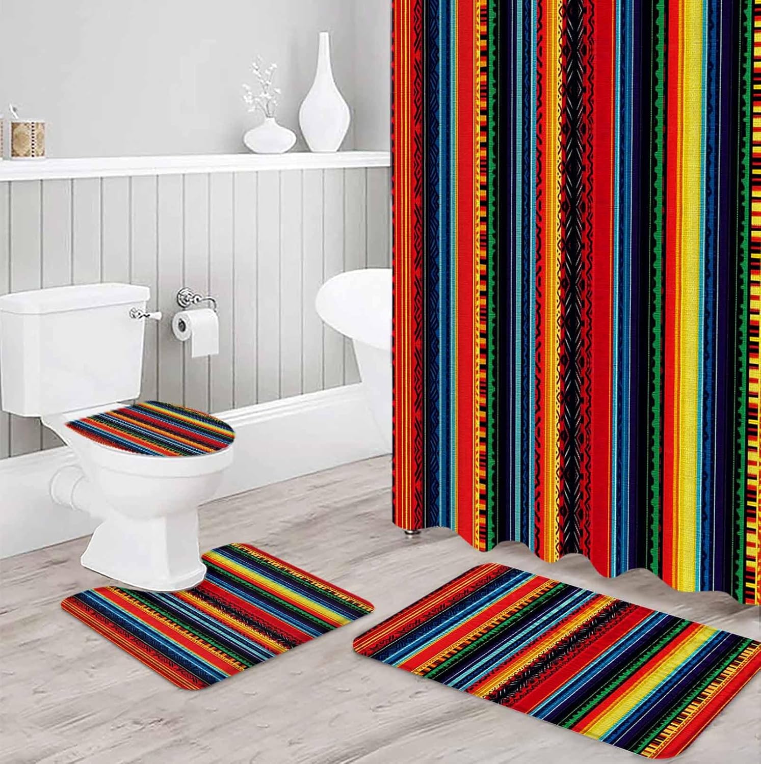 Rainbow Stripe Bathroom Set with Curtain Rug Hooks