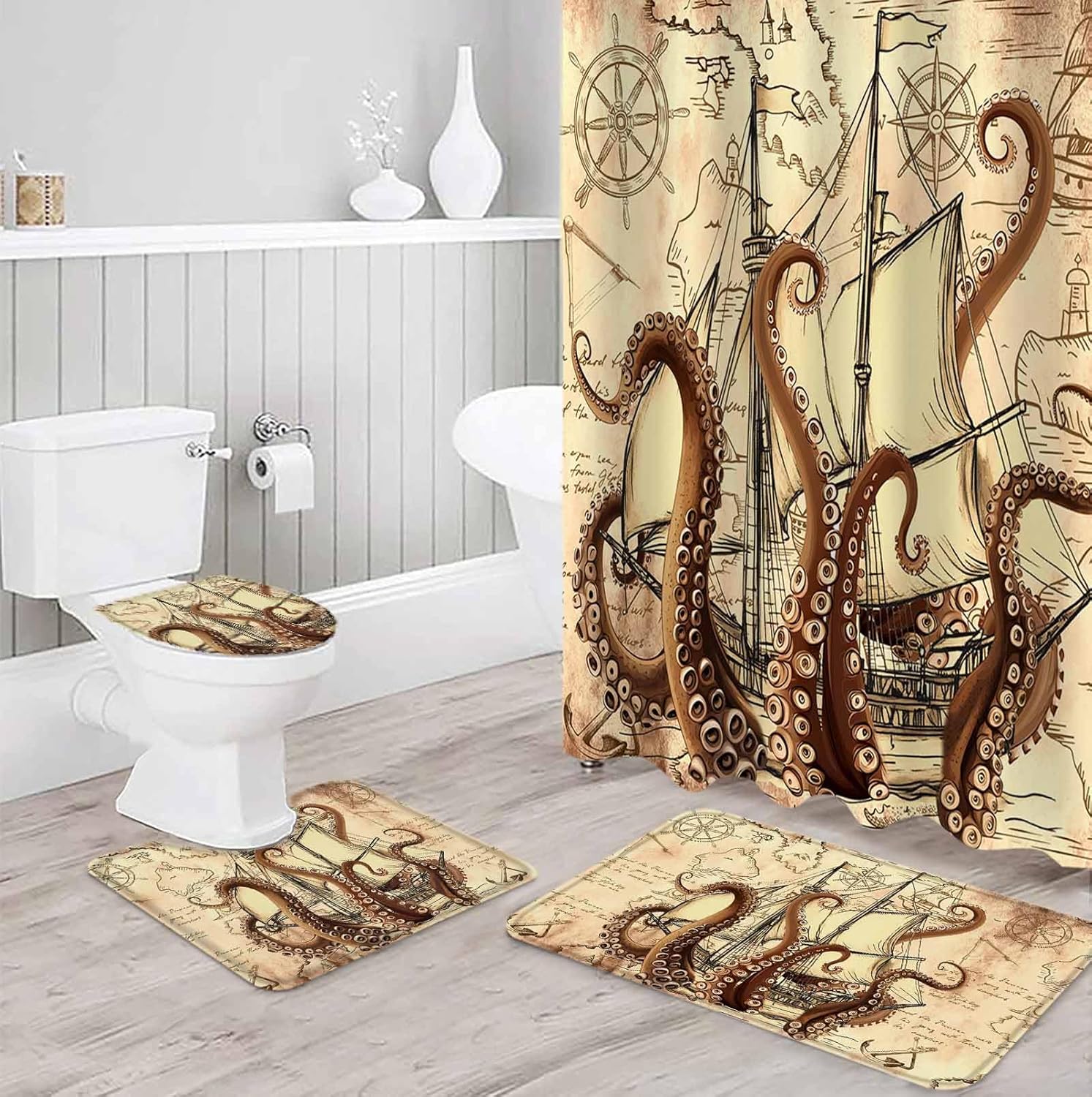 ZOE GARDEN Nautical Boat Bath Set with Curtain Rug and Accessories