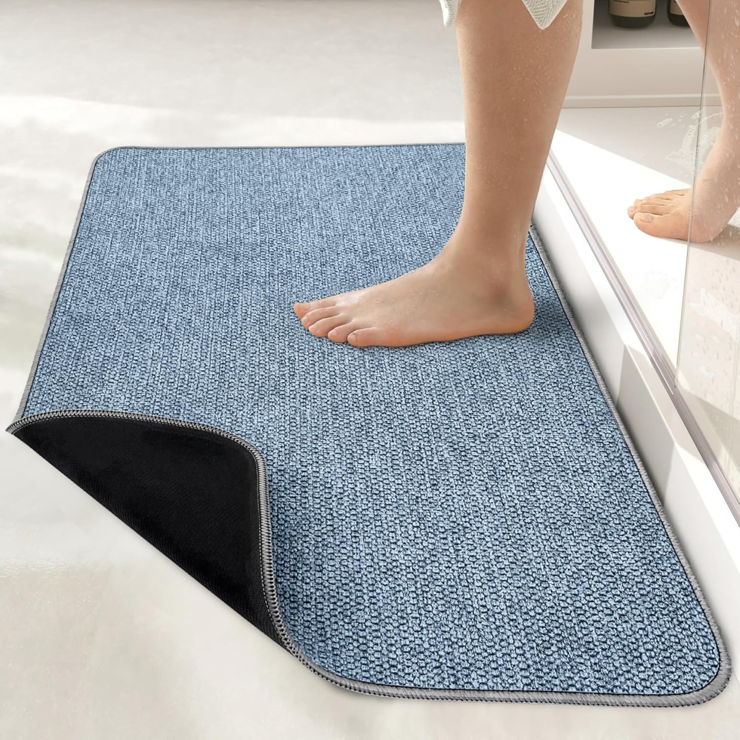 ULTRA THIN BATH MAT WITH RUBBER BACKING Blue 20x32
