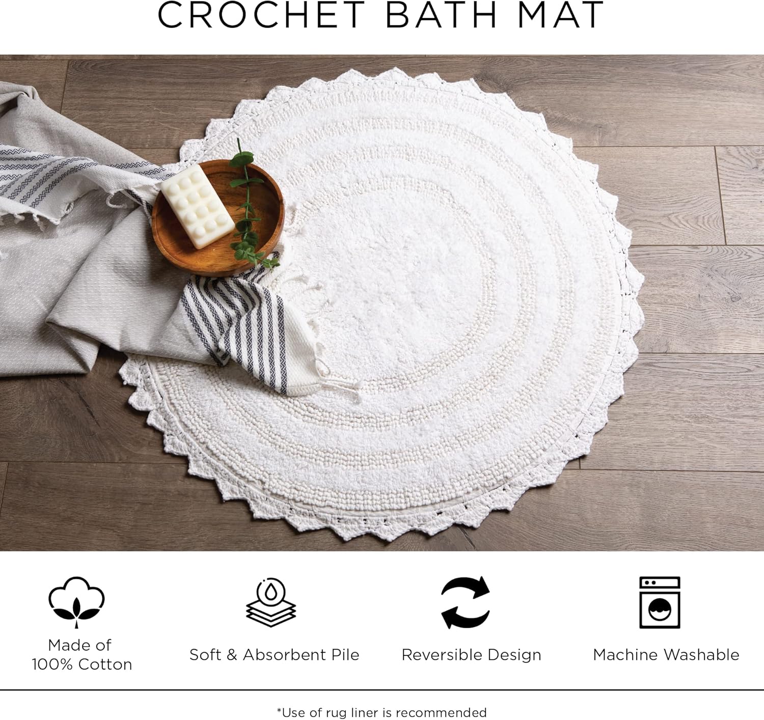 DII Crochet Bath Mat Reversible Round 275 Inch White 1