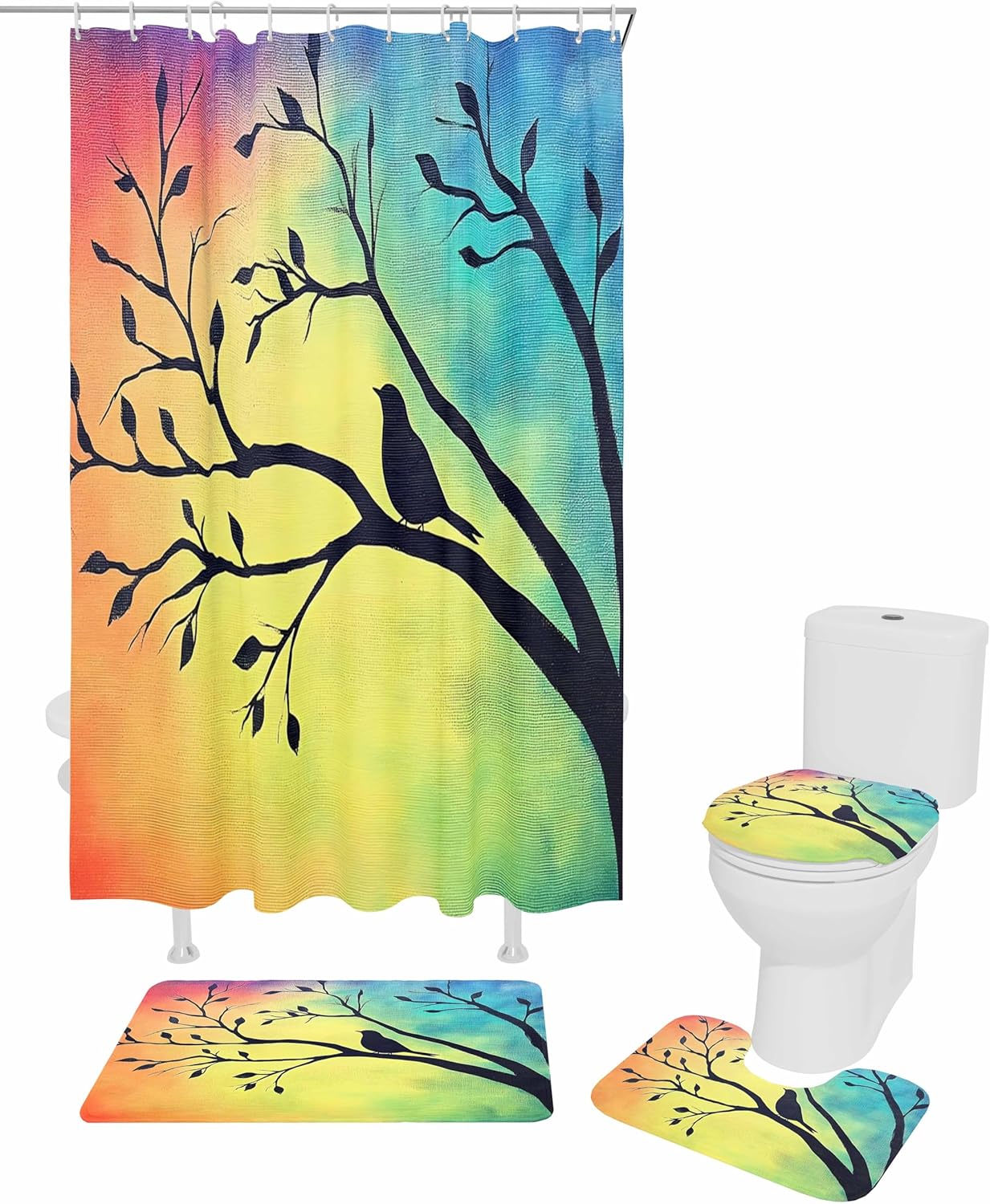 ZOE GARDEN Blue Bird Bathroom Set with Shower Curtain and Rug