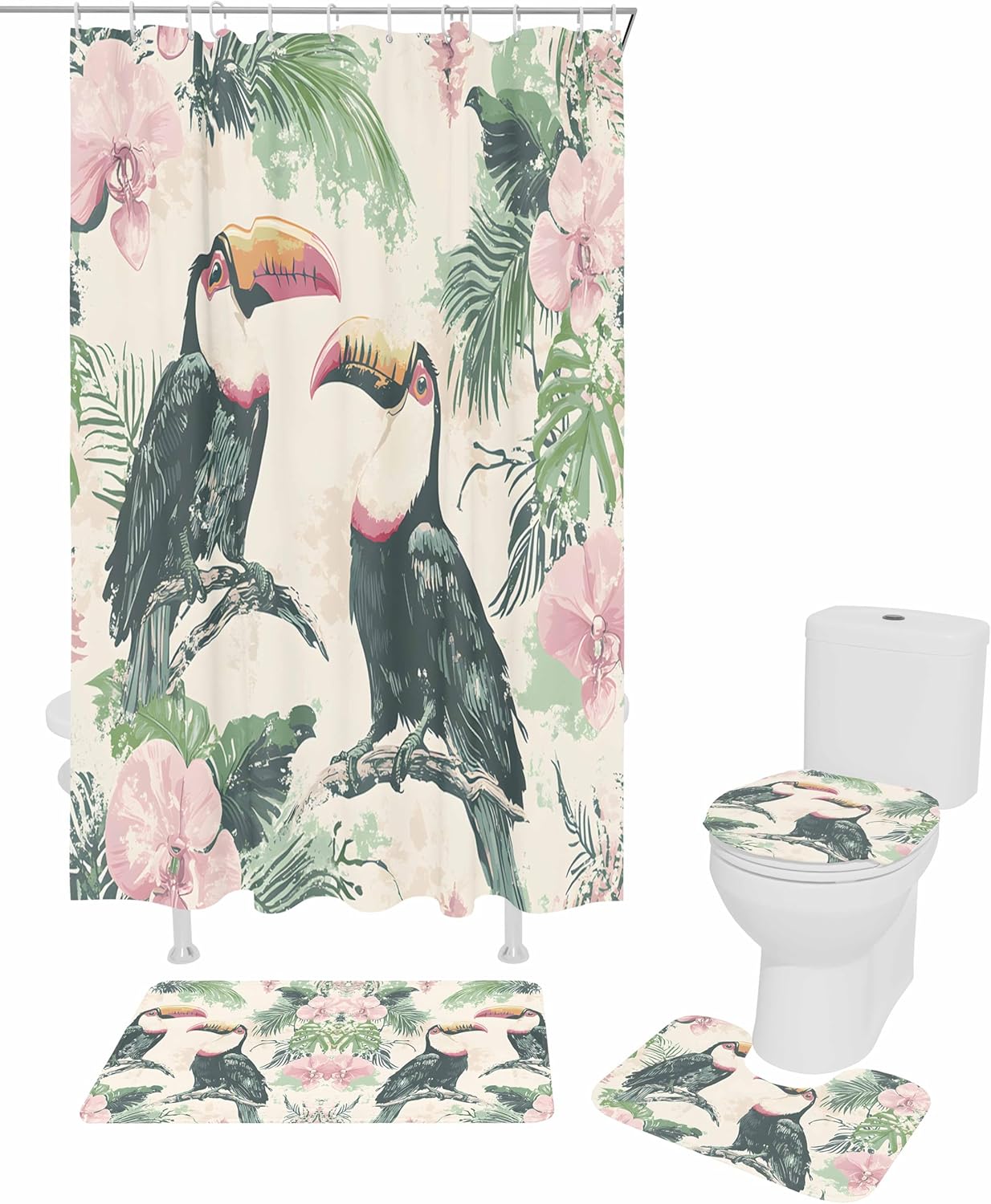 ZOE GARDEN Summer Parrot Bath Set with Curtain and Rug