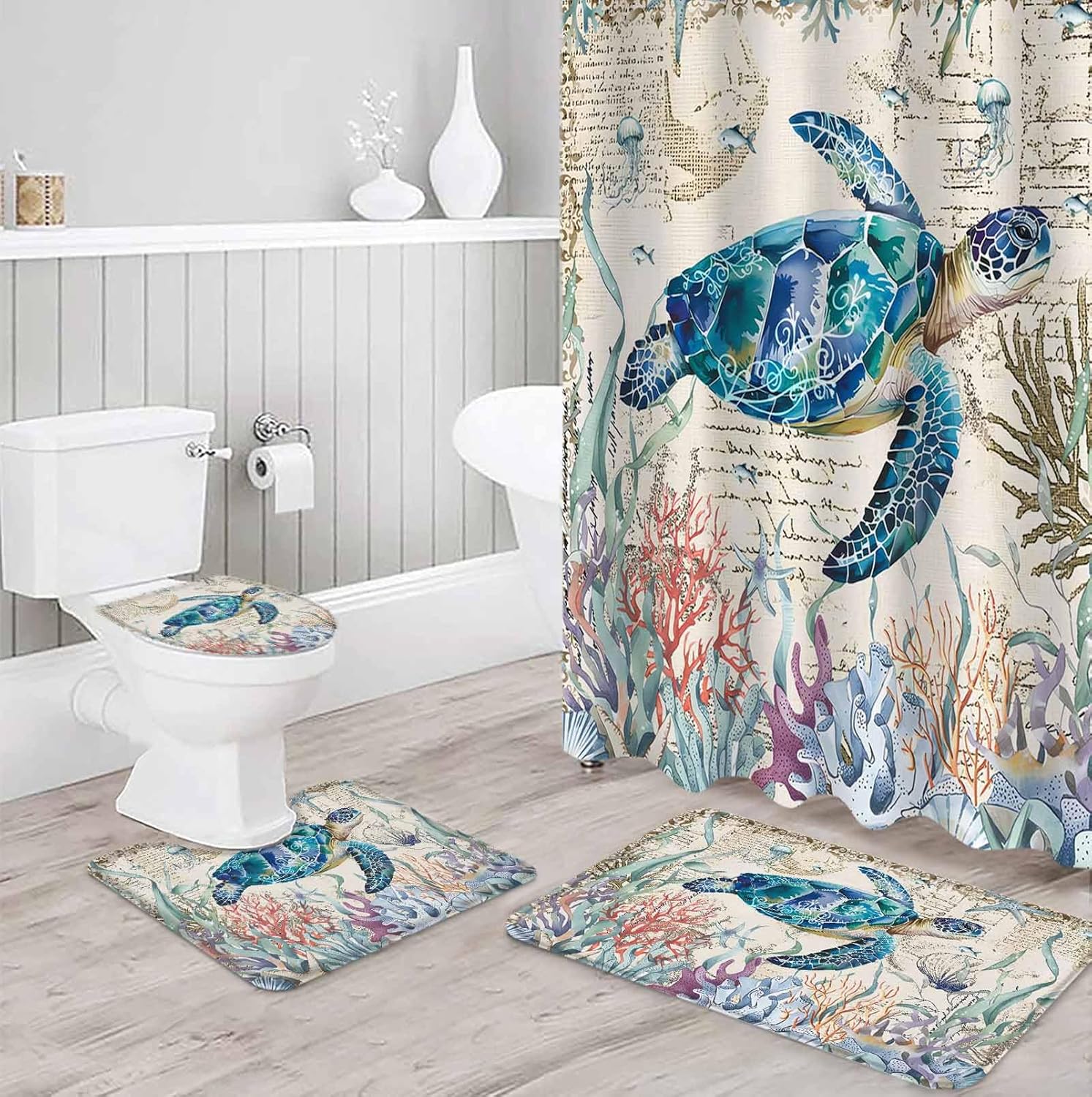 ZOE GARDEN Coastal Turtle Bathroom Set with Rug and Curtain
