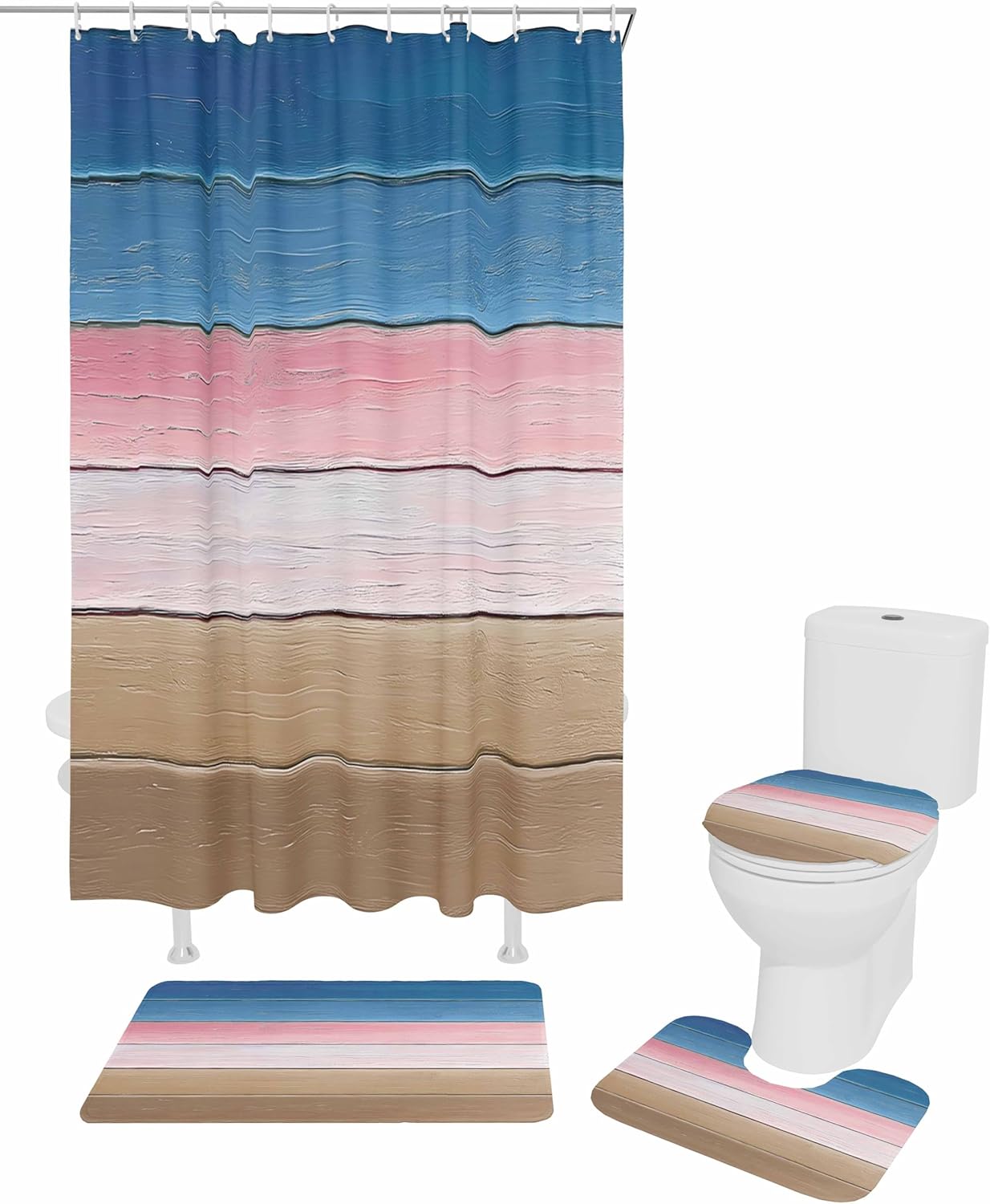 ZOE GARDEN Blue Pink Bathroom Set with Curtain Rug Hooks and Mat