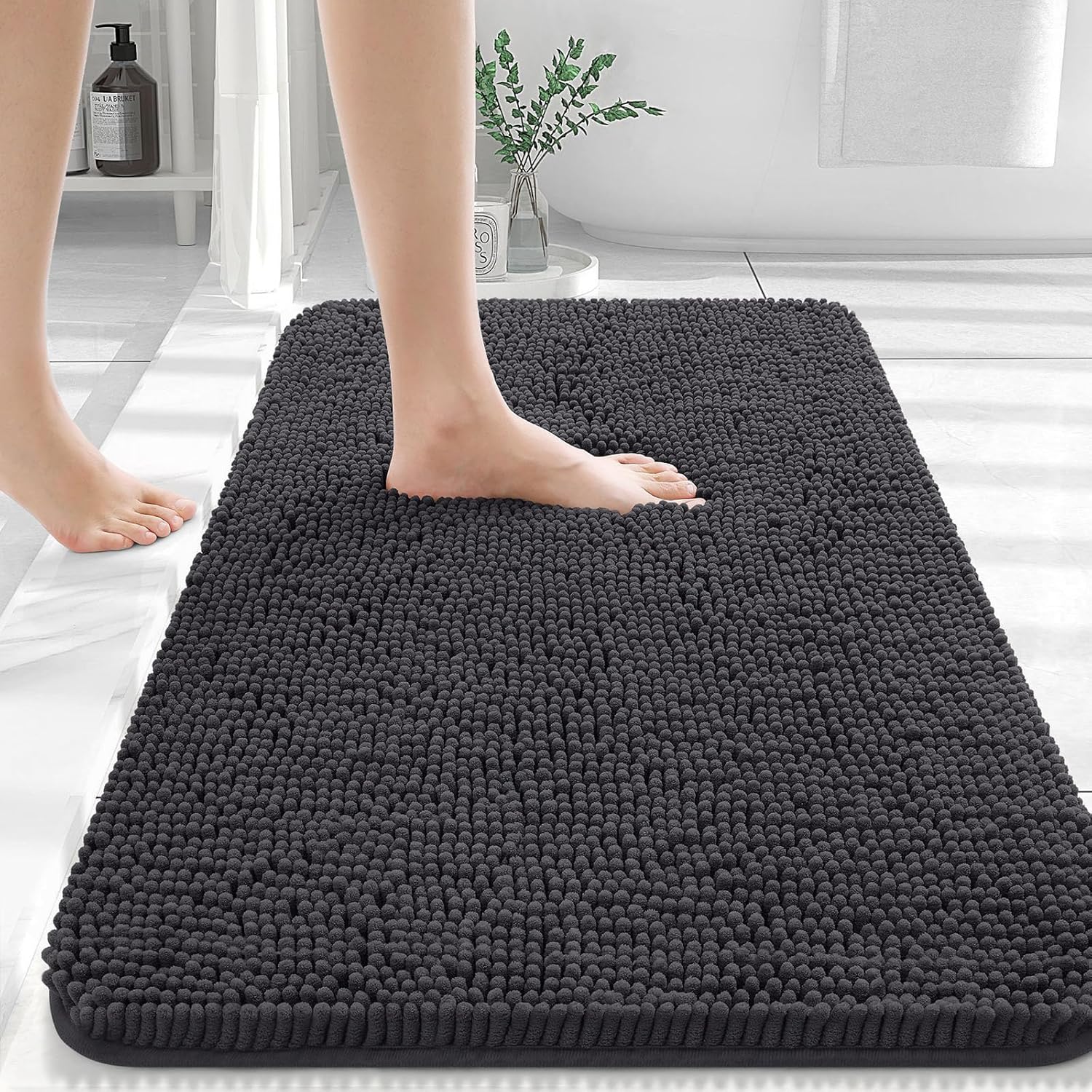 OLANLY Dark Grey 30x20 Chenille Bath Rug 1