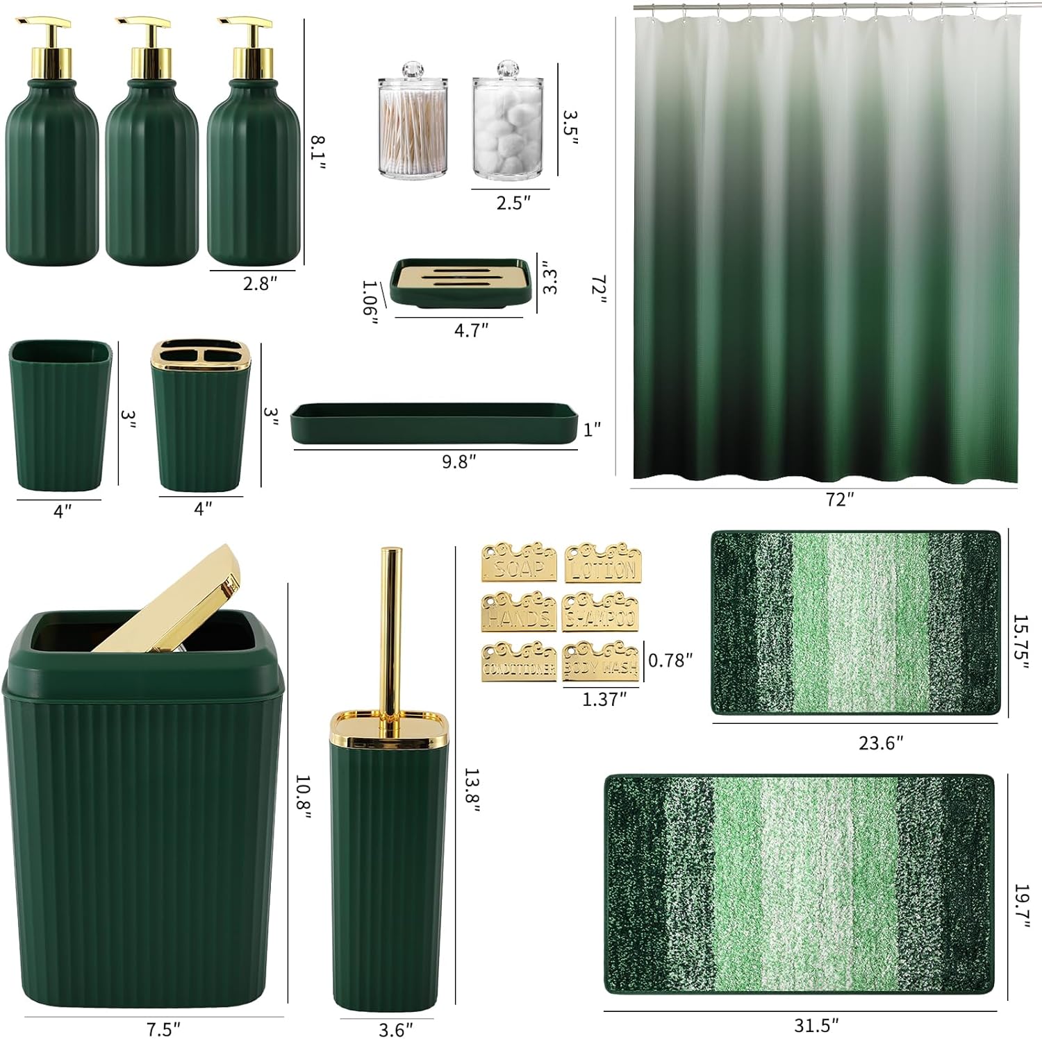 WSBArt 32PCS Bathroom Set with Hunter Green Shower Curtain and Rugs