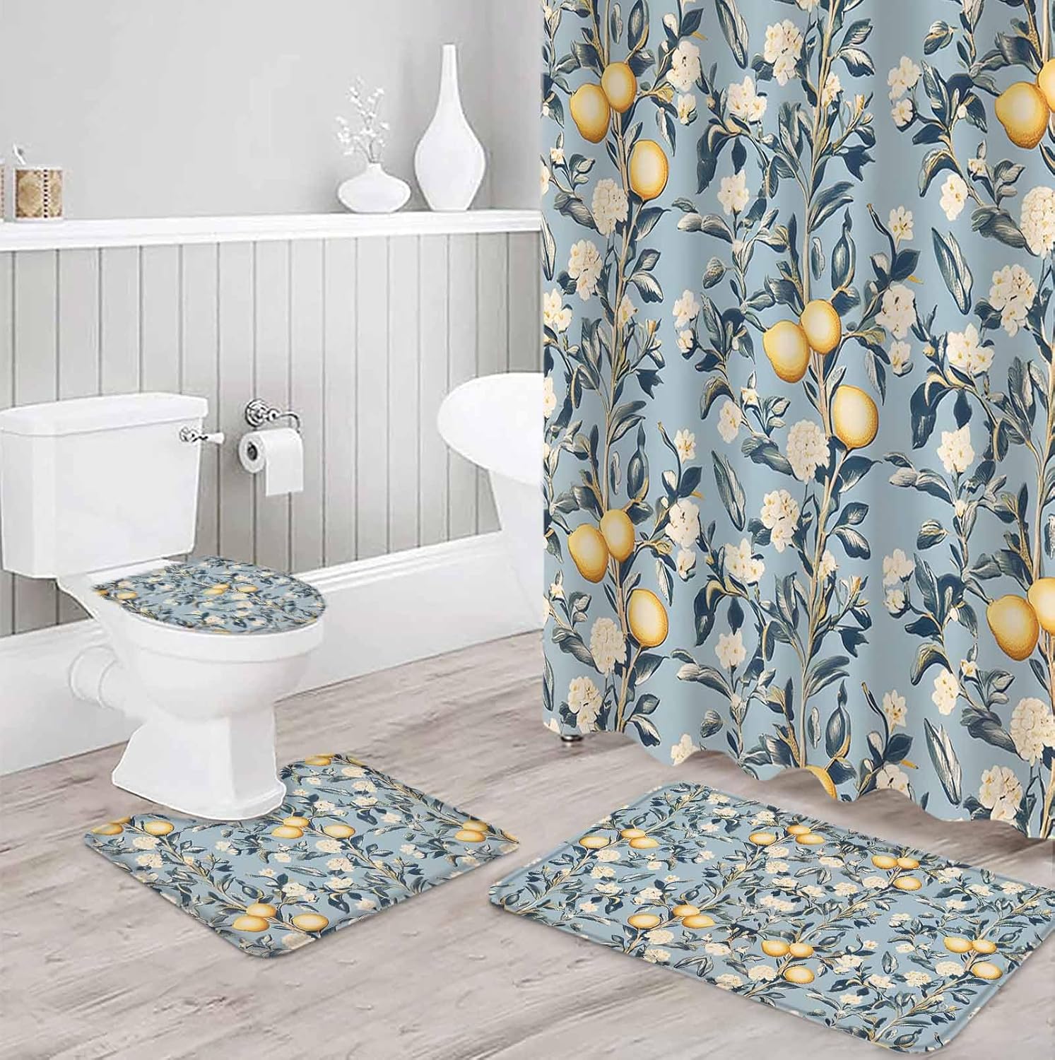 ZOE GARDEN Lemon Leaves Bathroom Set with Curtain Rug and Accessories