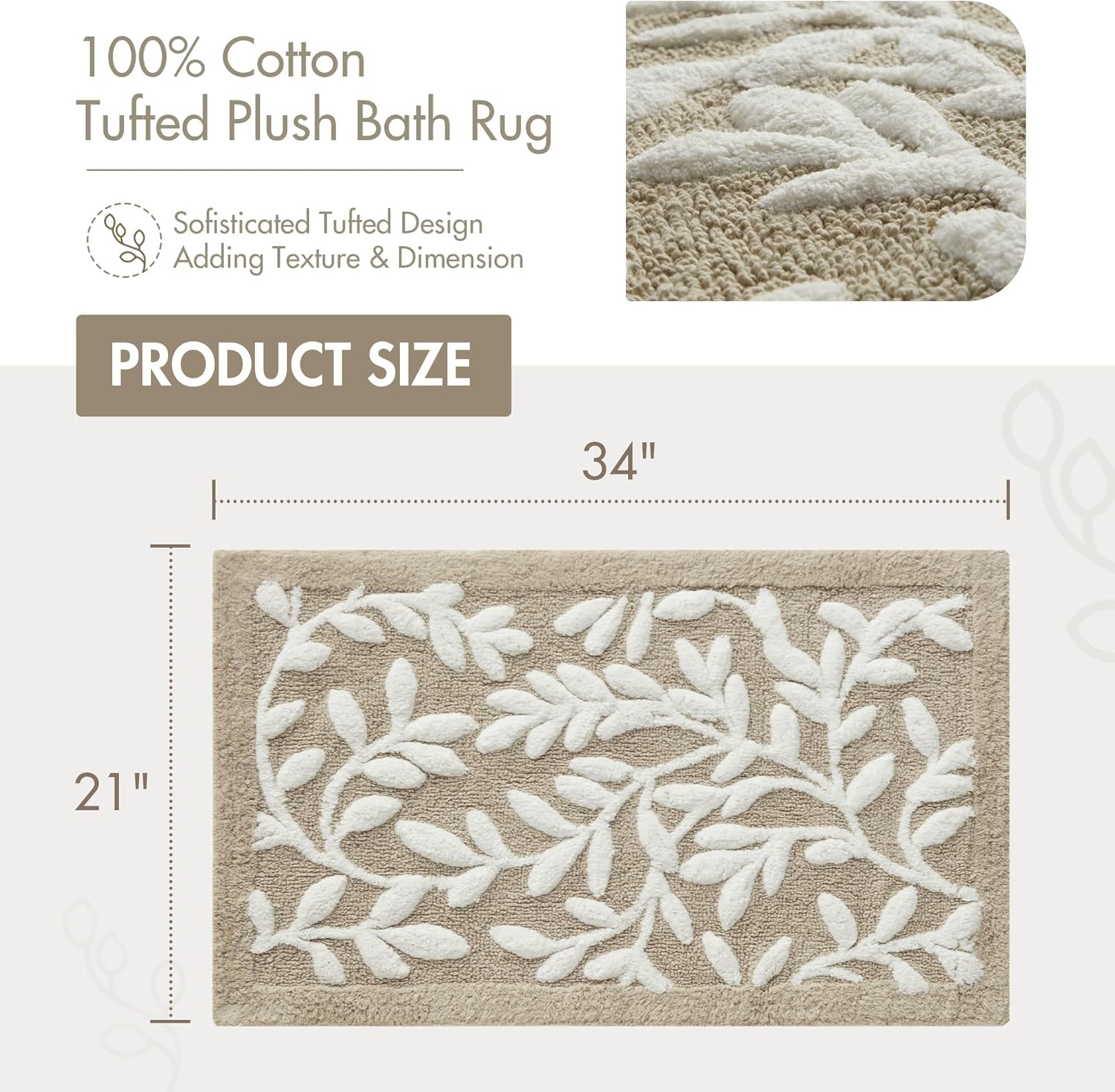 Madison Park Serene Cotton Tufted Bathroom Rug - Floral Leaf Design 21x34 Taupe